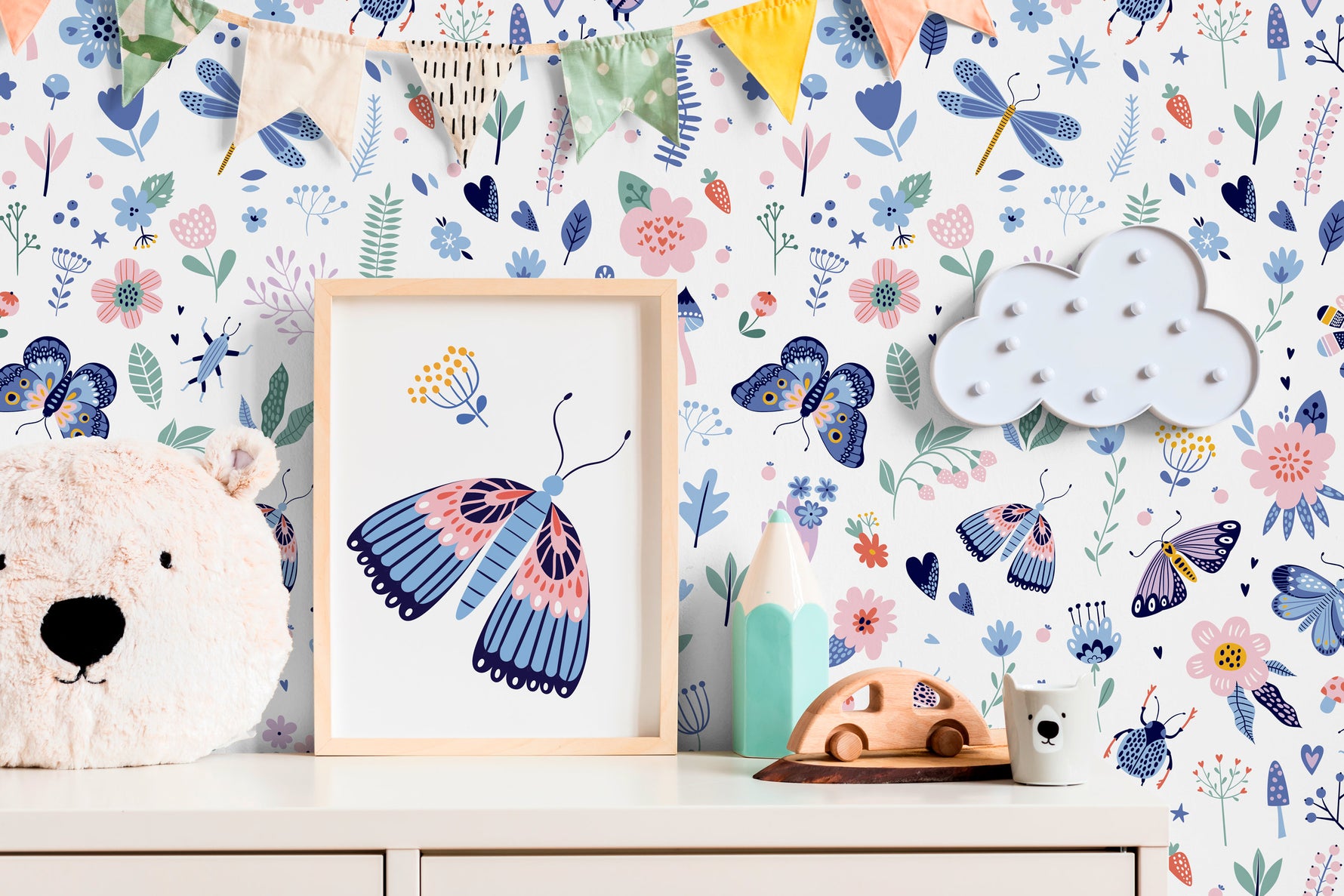 Removable Wallpaper, Scandinavian Wallpaper, Temporary Wallpaper, Peel and Stick Wallpaper, Wall Paper, Butterfly and Flowers - B530