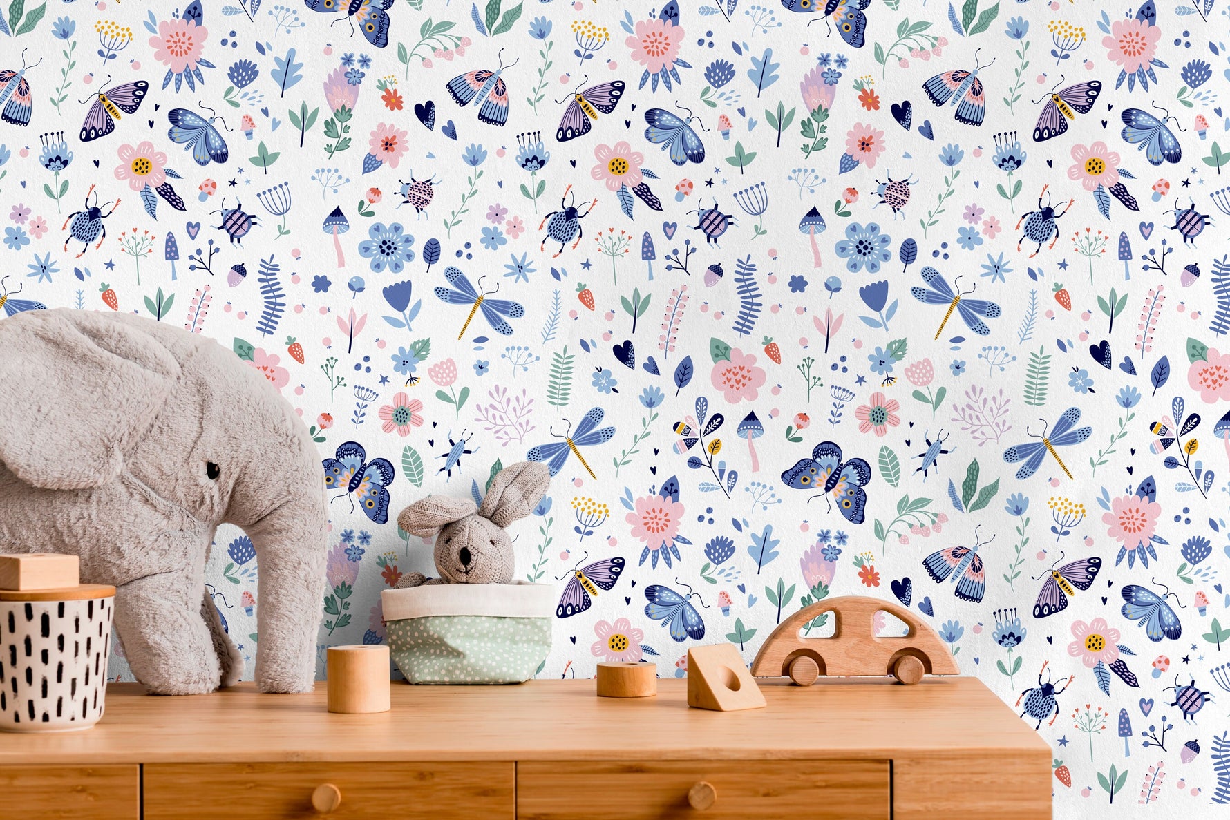 Removable Wallpaper, Scandinavian Wallpaper, Temporary Wallpaper, Peel and Stick Wallpaper, Wall Paper, Butterfly and Flowers - B530