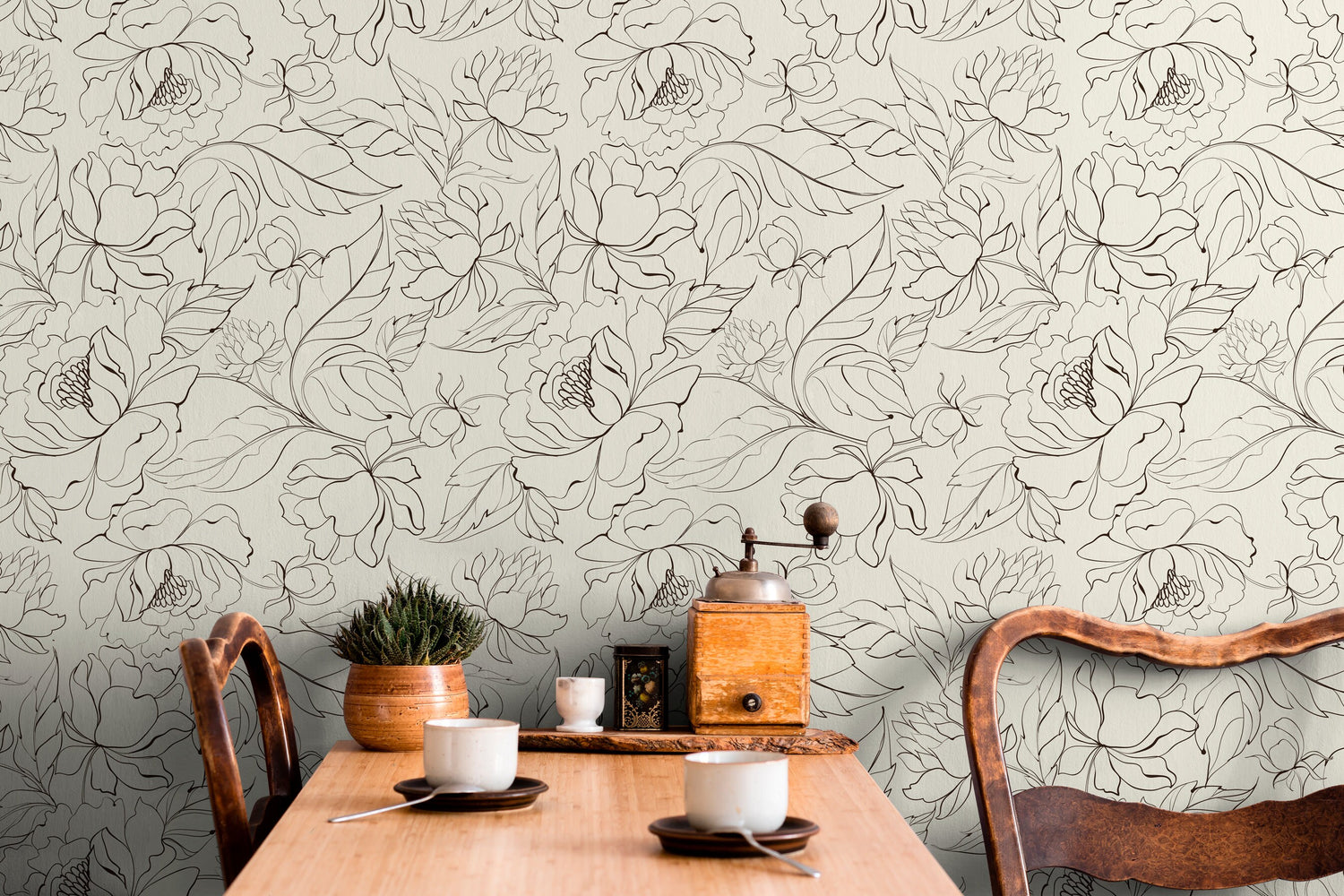 Elegant Floral Line Art Wallpaper - C153