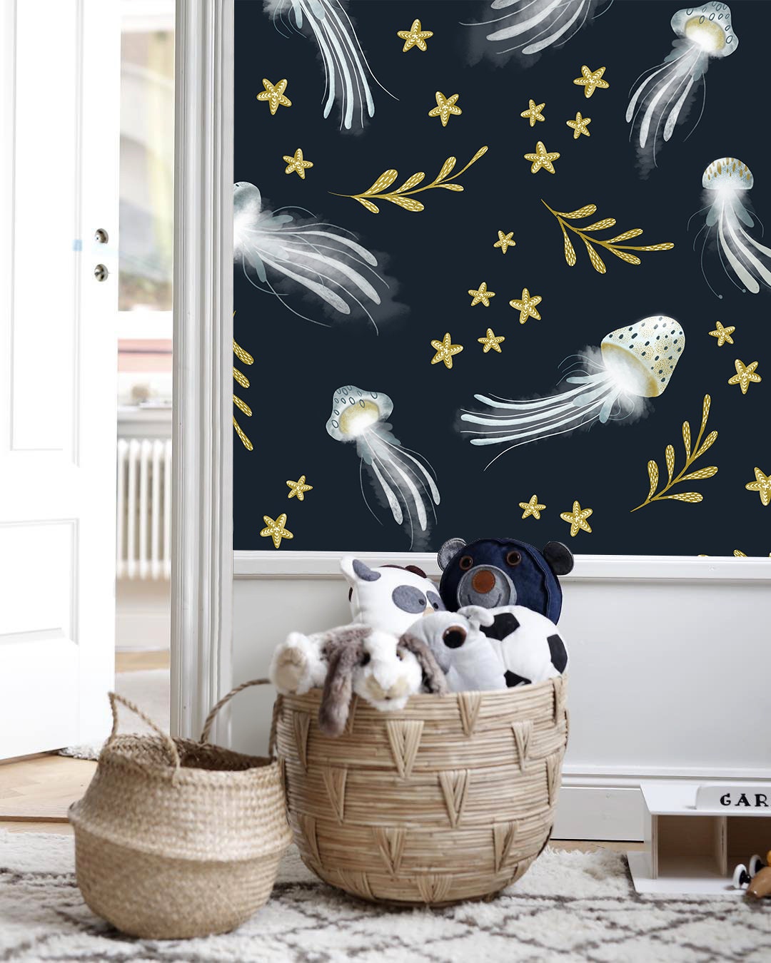 Removable Wallpaper Peel and Stick Wallpaper Wall Paper Wall Mural / Jellyfish Navy Nursery Room Wallpaper - X120