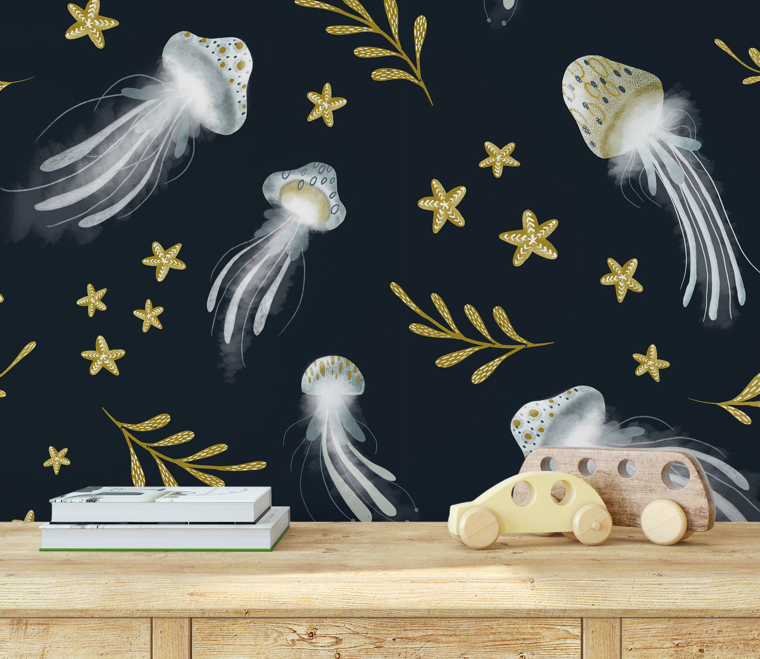 Removable Wallpaper Peel and Stick Wallpaper Wall Paper Wall Mural / Jellyfish Navy Nursery Room Wallpaper - X120