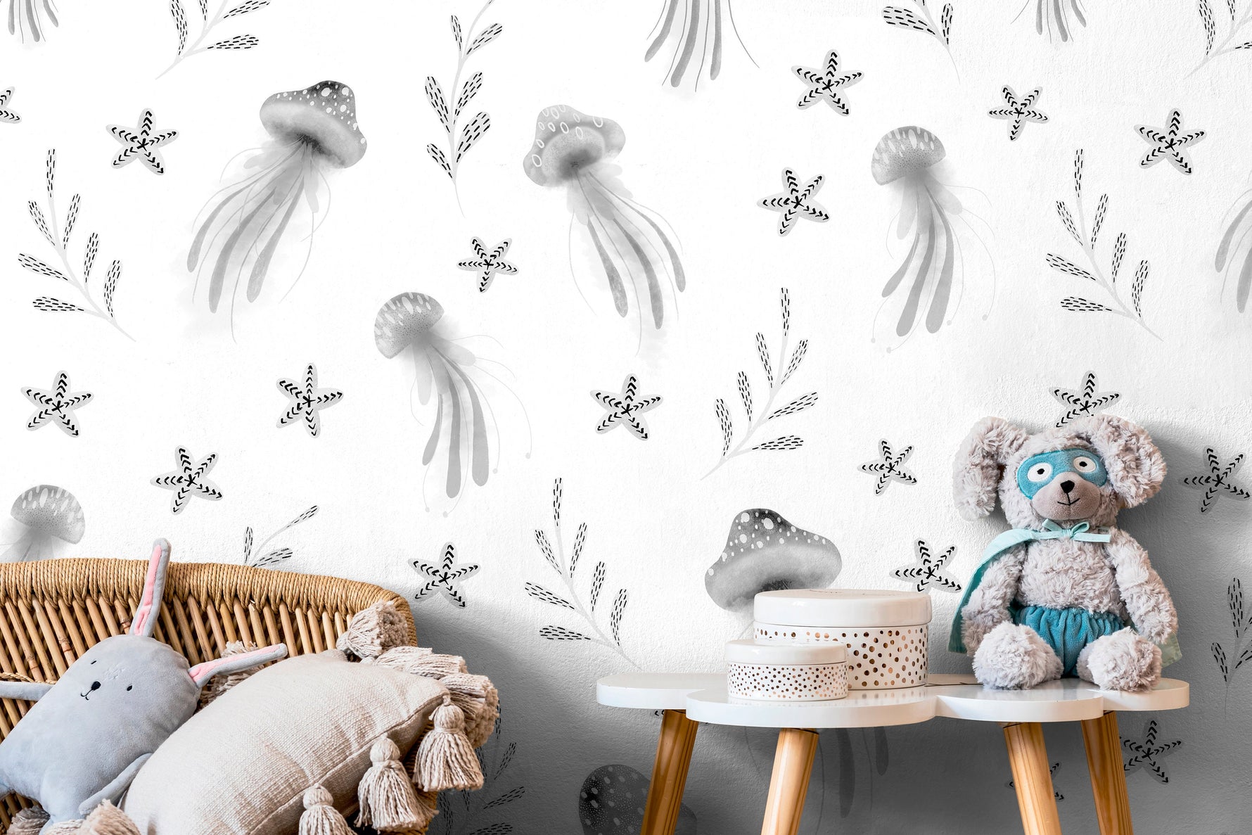 Wallpaper Peel and Stick Wallpaper Removable Wallpaper Home Decor Wall Art Wall Decor Room Decor / Jellyfish Gray Nursery Wallpaper - X119