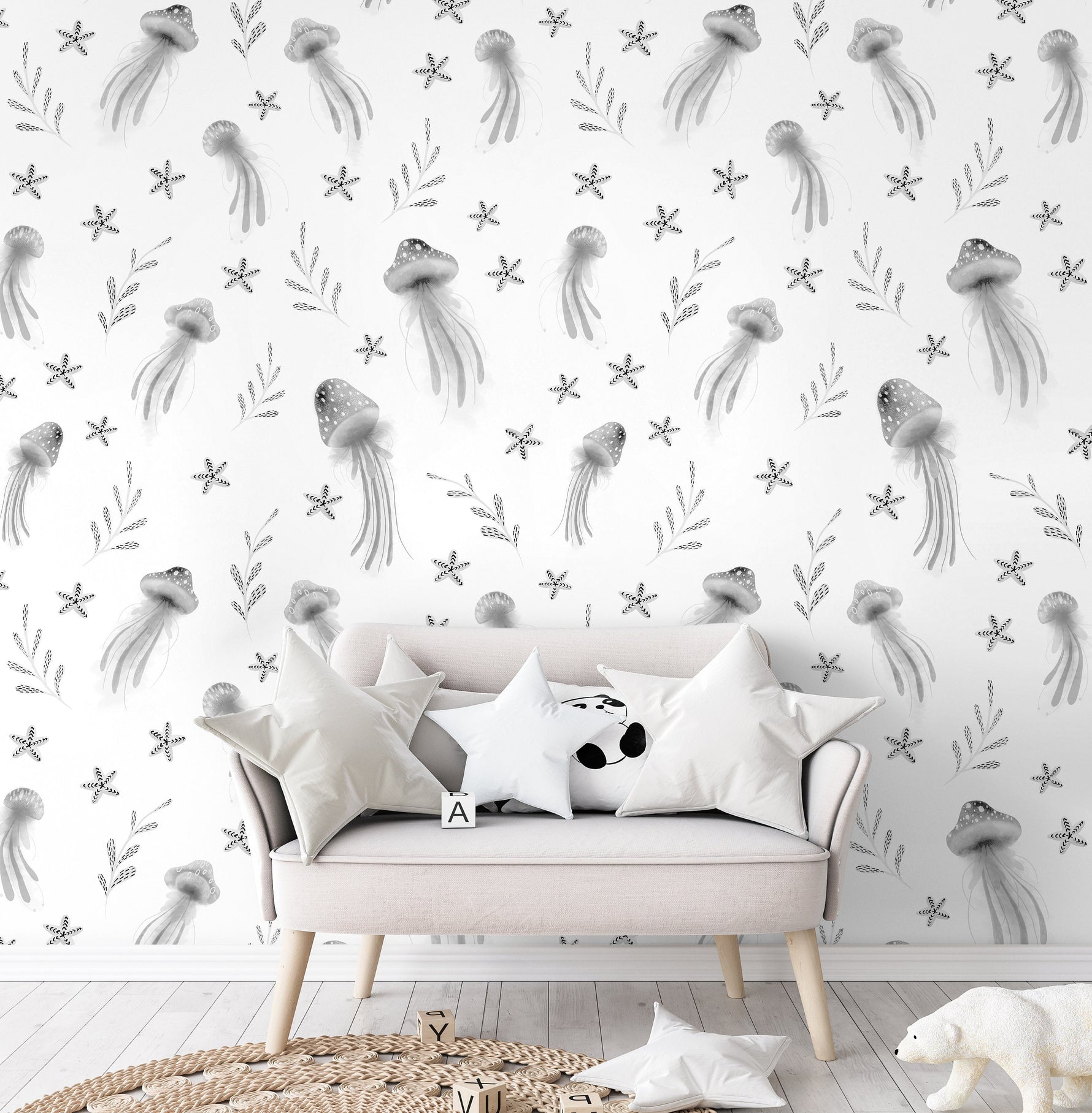 Wallpaper Peel and Stick Wallpaper Removable Wallpaper Home Decor Wall Art Wall Decor Room Decor / Jellyfish Gray Nursery Wallpaper - X119