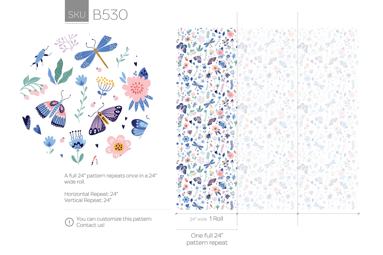 Removable Wallpaper, Scandinavian Wallpaper, Temporary Wallpaper, Peel and Stick Wallpaper, Wall Paper, Butterfly and Flowers - B530