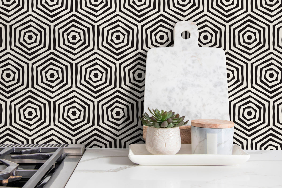 Wallpaper Peel and Stick Wallpaper Removable Wallpaper Home Decor Wall Art Wall Decor Room Decor / Black Geometric Hexagon Wallpaper - C312