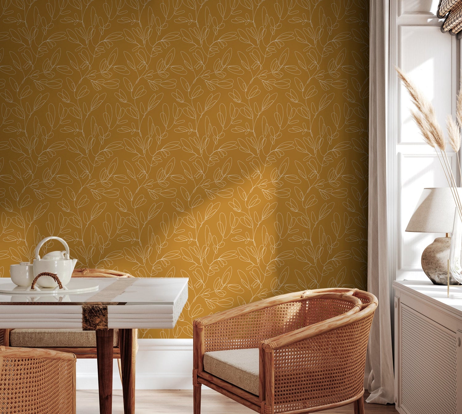 Mustard Botanical Lines Wallpaper - C356