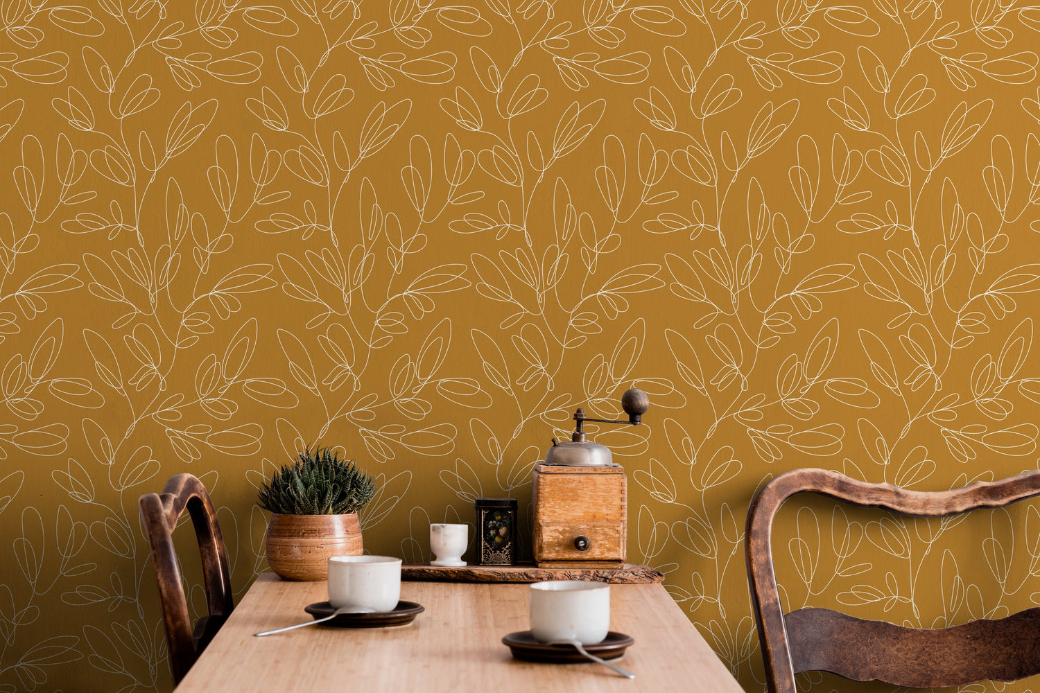 Mustard Botanical Lines Wallpaper - C356