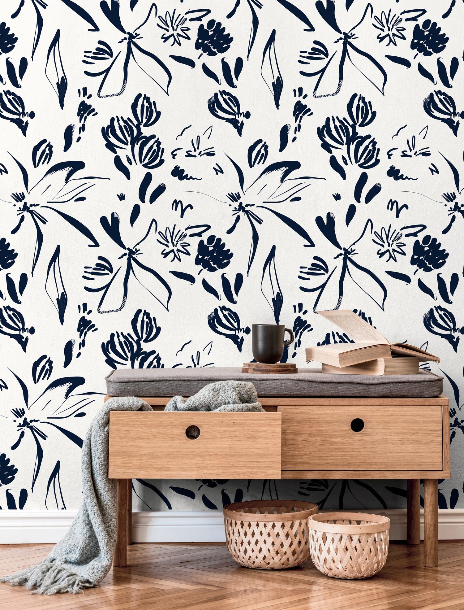 Wallpaper Peel and Stick Wallpaper Removable Wallpaper Home Decor Wall Art Wall Decor Room Decor / Navy Contemporary Boho Wallpaper - C383