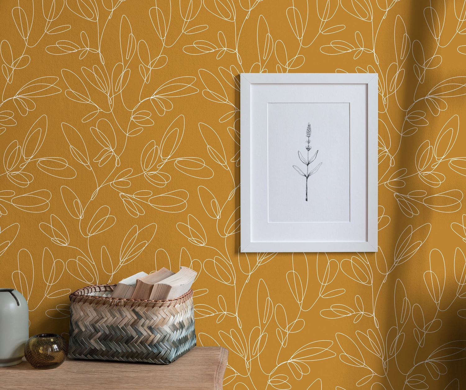 Mustard Botanical Lines Wallpaper - C356