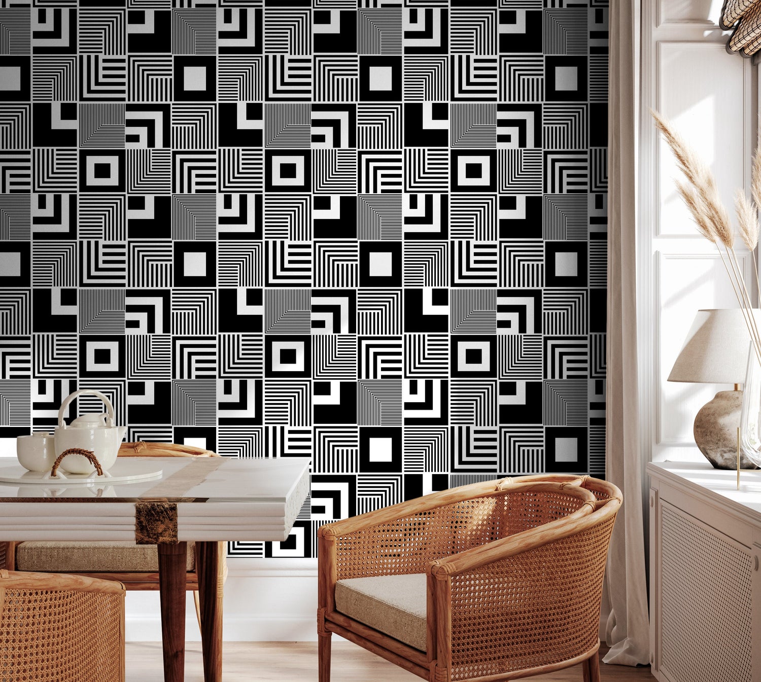 Wall Decor Wallpaper Peel and Stick Wallpaper Removable Wallpaper Home Decor Wall Art Room Decor / Black and White Squares Wallpaper - B789