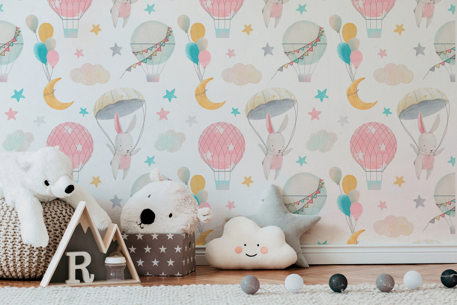 Wall Decor Wallpaper Peel and Stick Wallpaper Removable Wallpaper Home Decor Wall Art Room Decor / Pink Bunny Nursery Wallpaper - B536