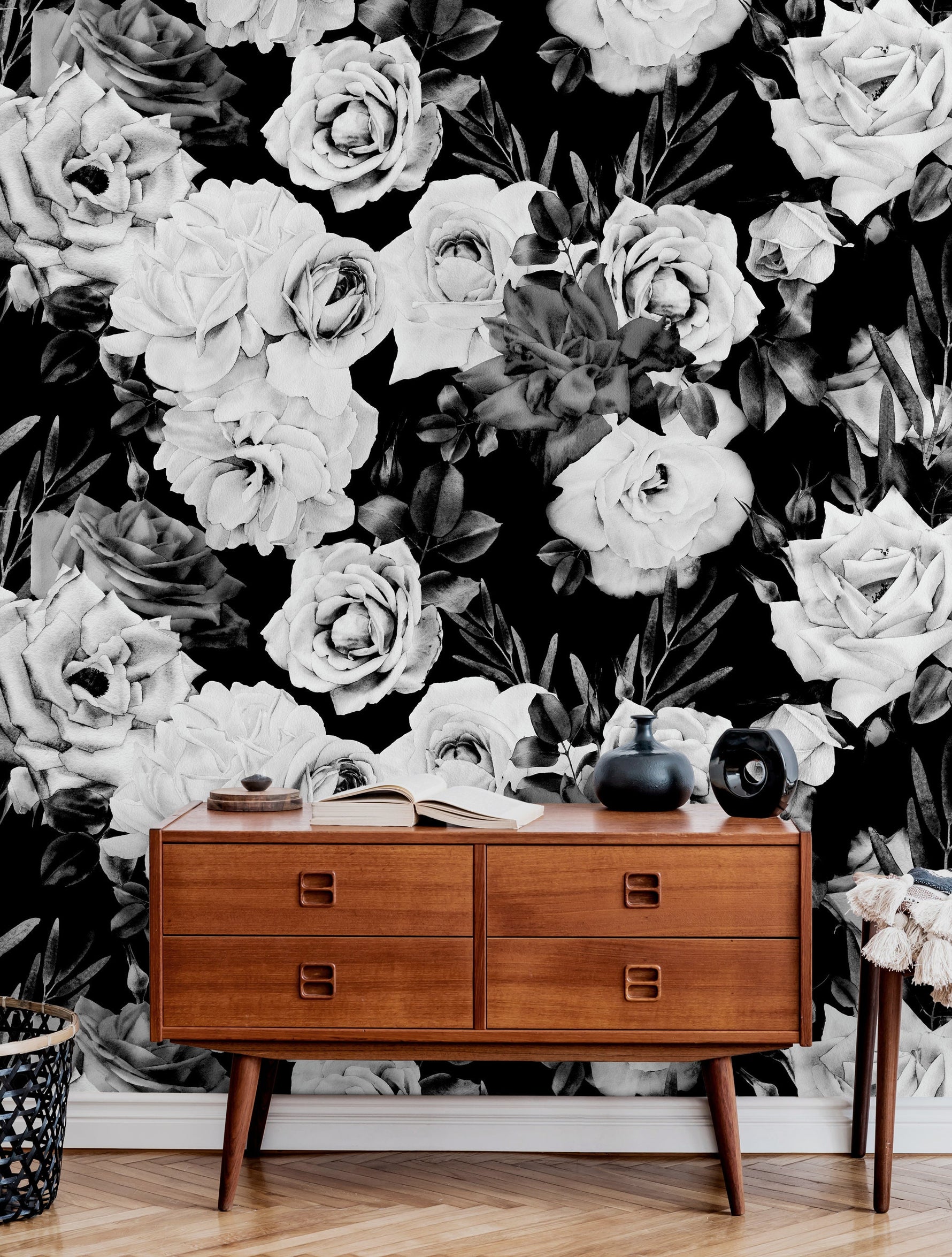 Wallpaper Peel and Stick Wallpaper Removable Wallpaper Home Decor Wall Art Wall Decor Room Decor / Black Vintage Floral Wallpaper - B192