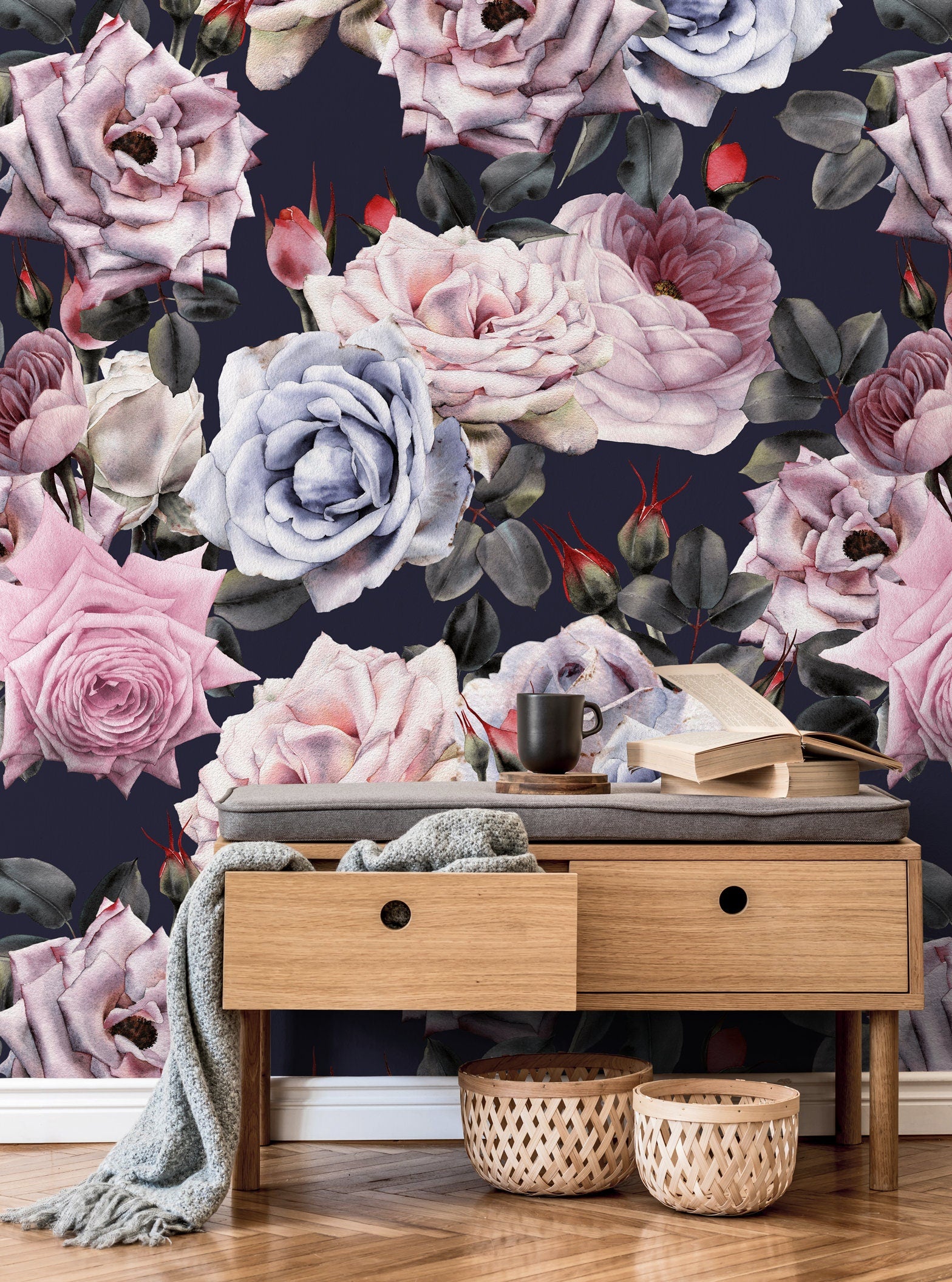 Wallpaper Removable Wallpaper Peel and Stick Wallpaper Wall Decor Home Decor Wall Art Room Decor / Vintage Roses Wallpaper - B184