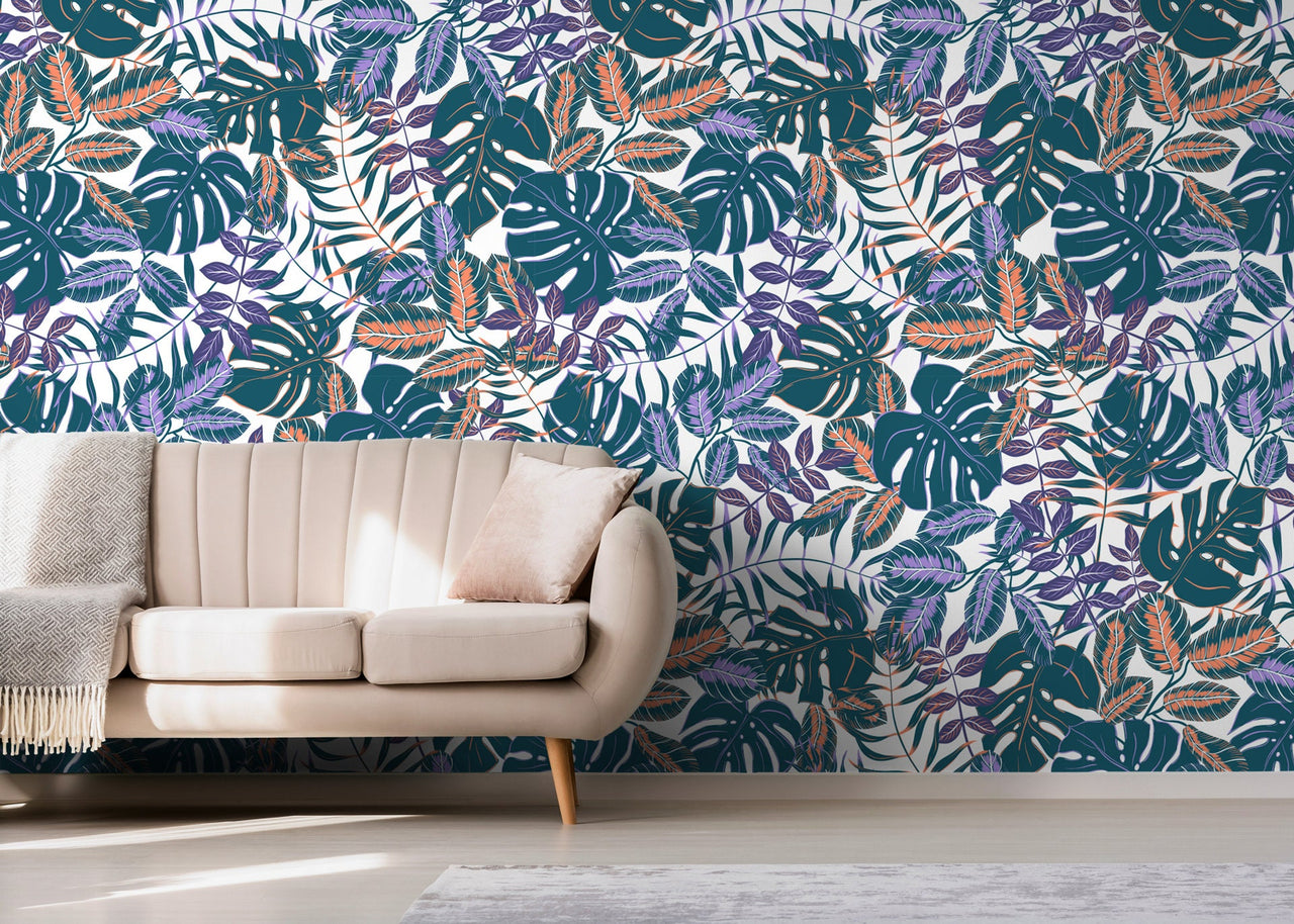 Wallpaper Peel and Stick Wallpaper Removable Wallpaper Home Decor Wall Decor Room Decor / Purple Blue Jungle Monstera Leaf Wallpaper - B800