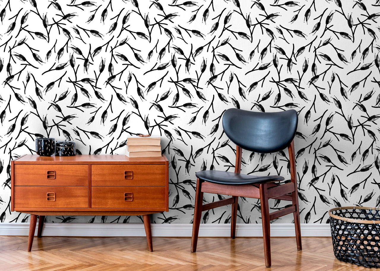 Wallpaper Peel and Stick Wallpaper Removable Wallpaper Home Decor Wall Art Wall Decor Room Decor / Black and White Leaves Wallpaper - B056
