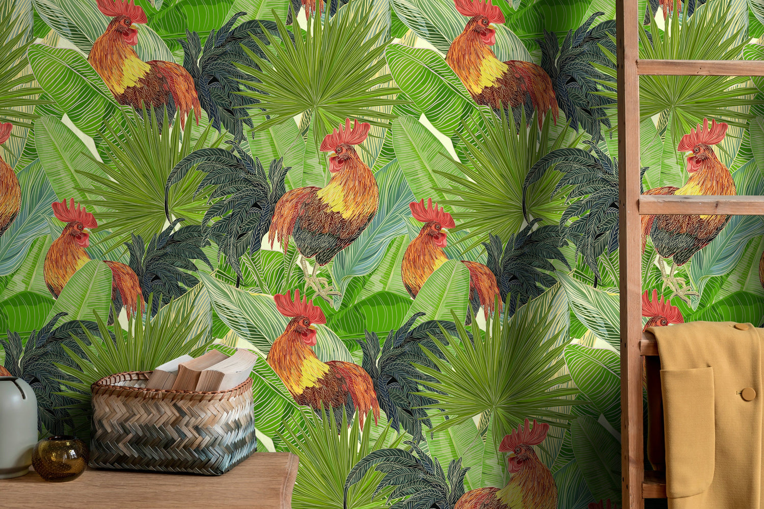 Wallpaper Peel and Stick Wallpaper Removable Wallpaper Home Decor Wall Art Wall Decor Room Decor / Tropical Rooster Wallpaper - B129