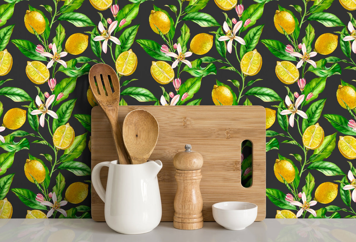 Wallpaper Peel and Stick Wallpaper Removable Wallpaper Home Decor Wall Decor Room Decor / Tropical Floral Lemon Wallpaper - B529