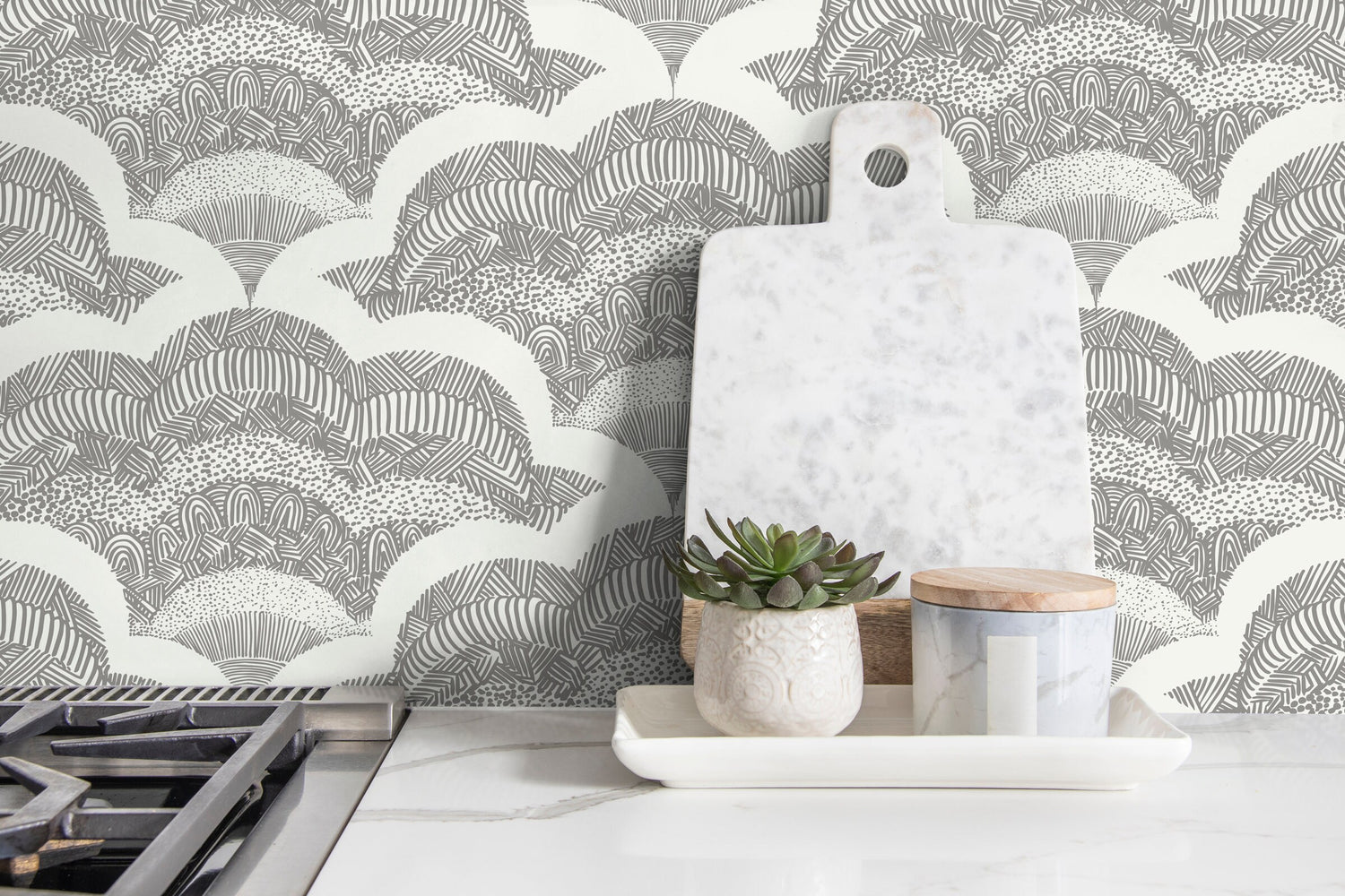 Wallpaper Peel and Stick Wallpaper Removable Wallpaper Home Decor Wall Art Wall Decor Room Decor / Gray Boho Scallop Wallpaper - C513