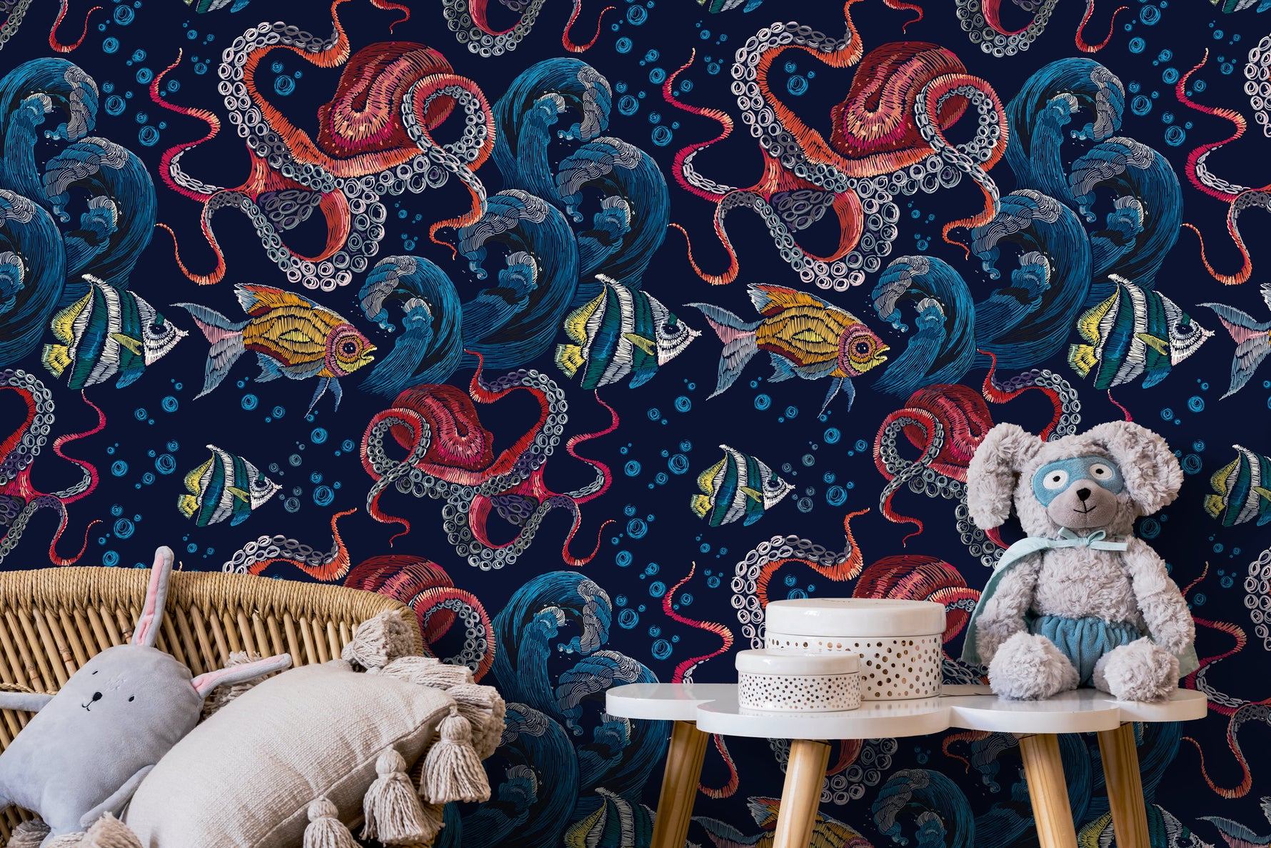 Wallpaper Peel and Stick Wallpaper Removable Wallpaper Home Decor Wall Art Wall Decor Room Decor / Colorful Coastal Octopus Wallpaper - C595