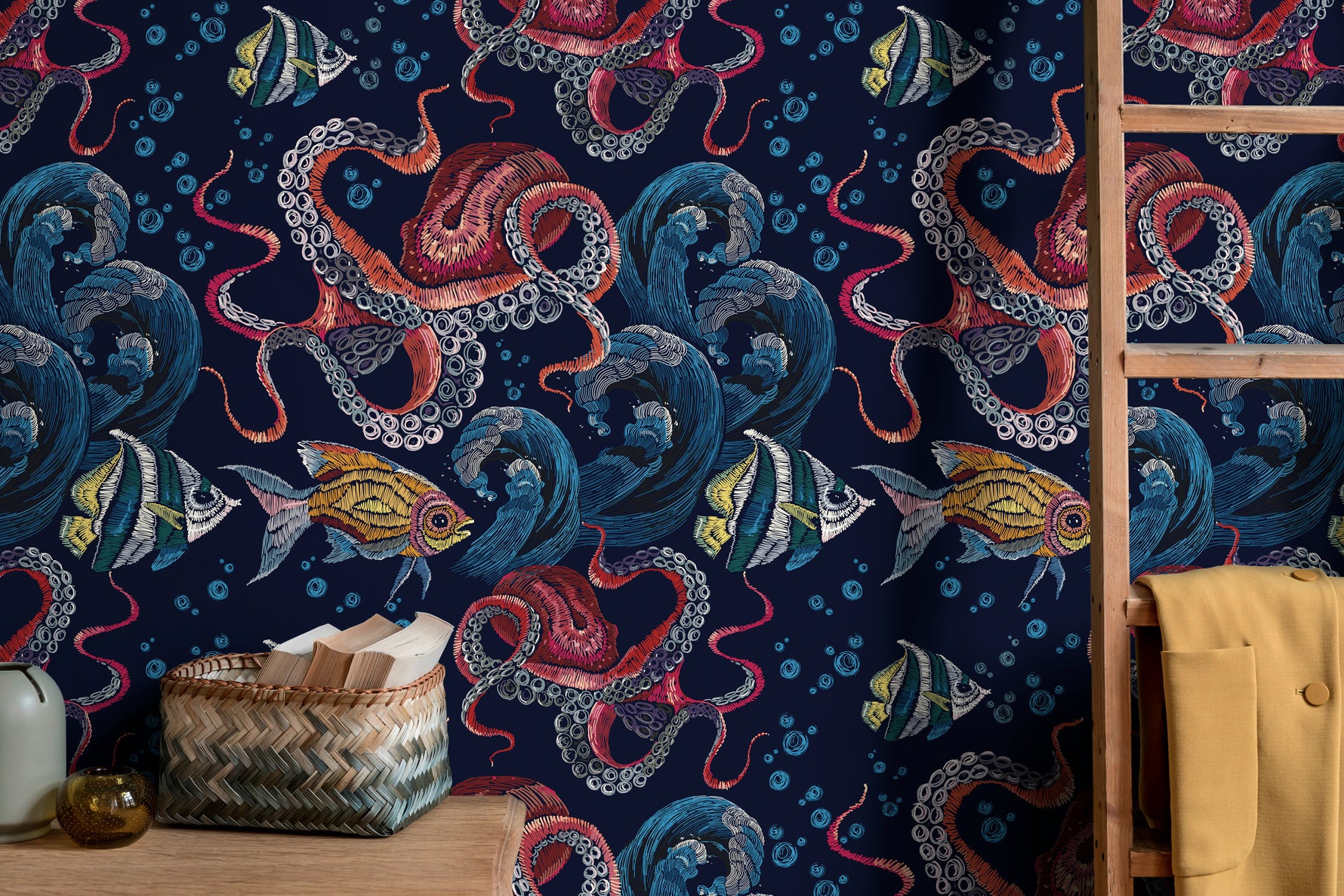 Wallpaper Peel and Stick Wallpaper Removable Wallpaper Home Decor Wall Art Wall Decor Room Decor / Colorful Coastal Octopus Wallpaper - C595