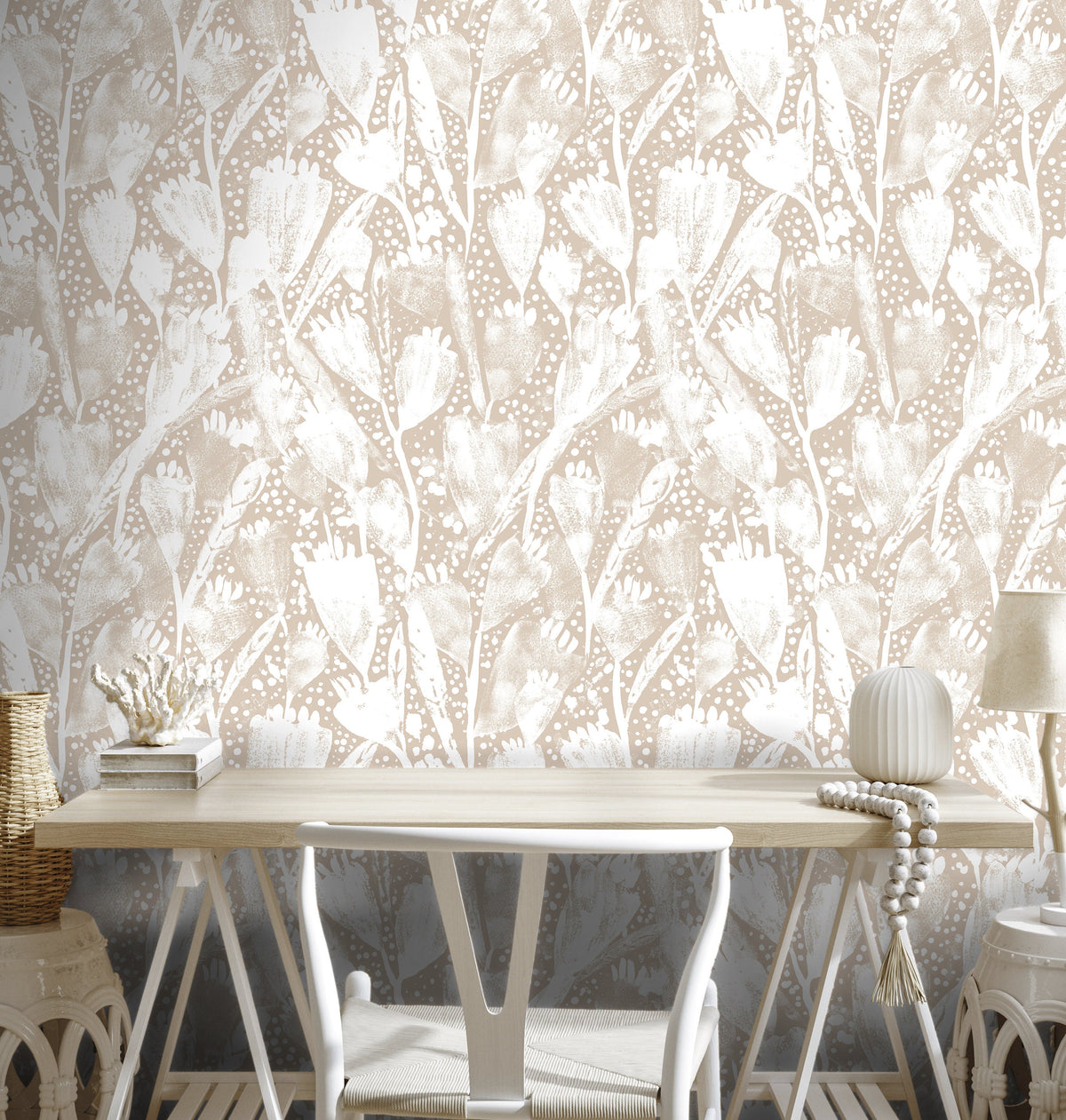 Wallpaper Peel and Stick Wallpaper Removable Wallpaper Home Decor Wall Art Wall Decor Room Decor / White and Beige Floral Wallpaper - X194