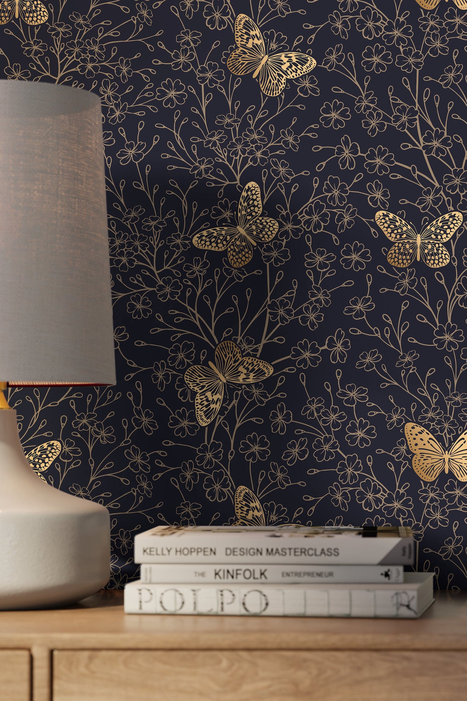 Gold and Navy Butterfly Floral / Peel and Stick Wallpaper Removable Wallpaper Home Decor Wall Art Wall Decor Room Decor - C702