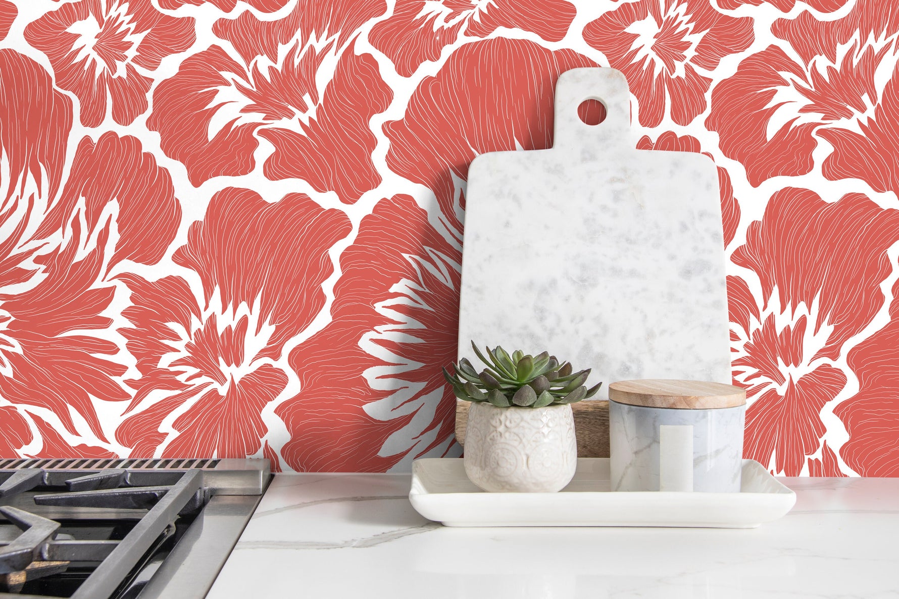 Coral Bold Floral Wallpaper / Peel and Stick Wallpaper Removable Wallpaper Home Decor Wall Art Wall Decor Room Decor - C678