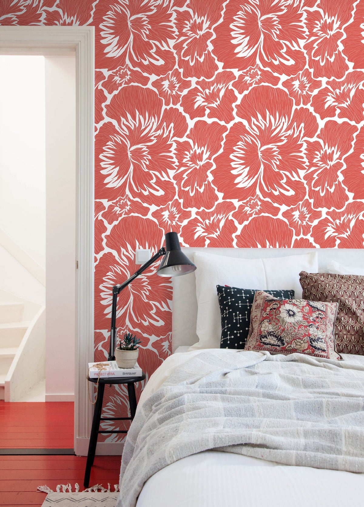 Coral Bold Floral Wallpaper / Peel and Stick Wallpaper Removable Wallpaper Home Decor Wall Art Wall Decor Room Decor - C678