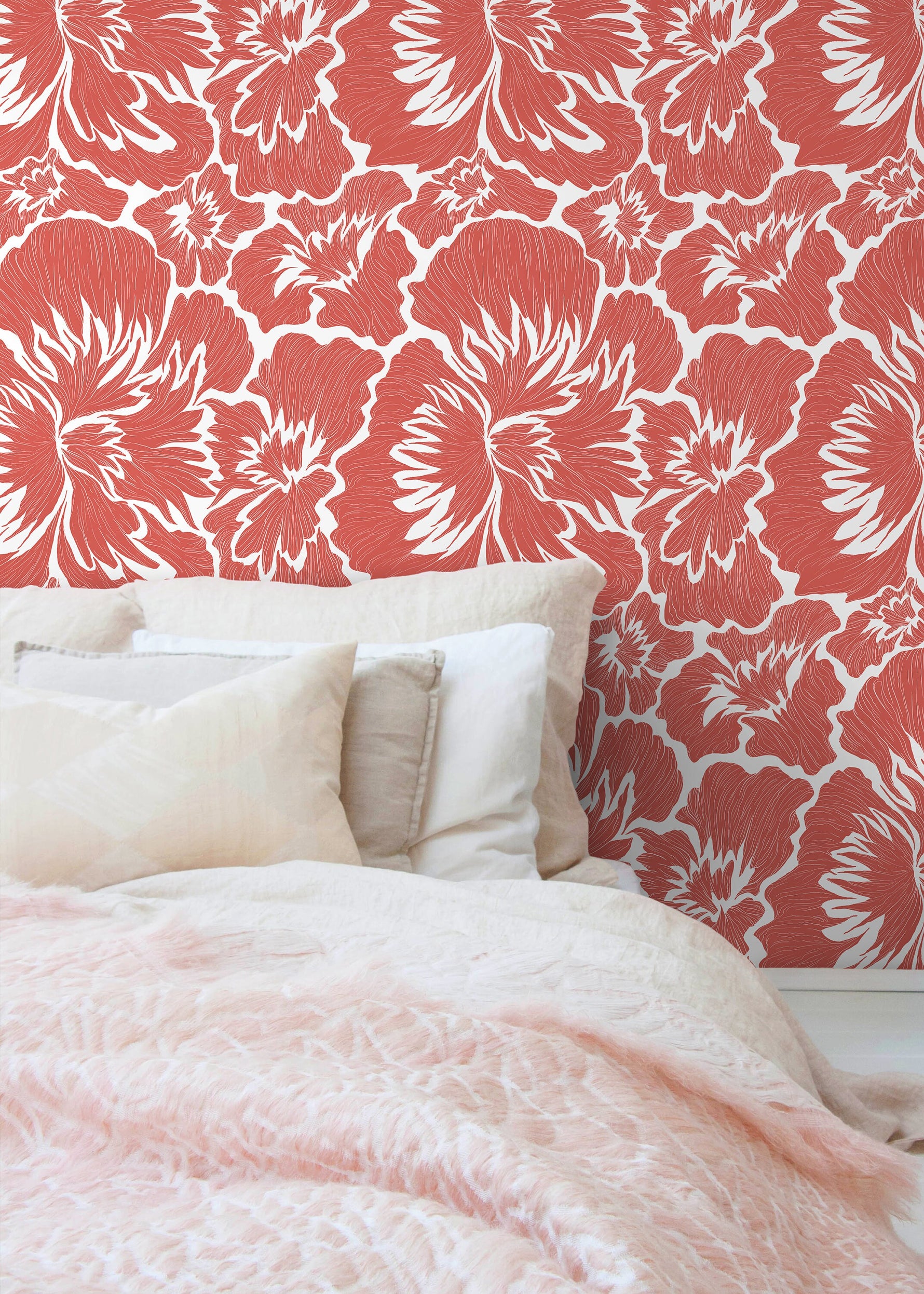 Coral Bold Floral Wallpaper / Peel and Stick Wallpaper Removable Wallpaper Home Decor Wall Art Wall Decor Room Decor - C678