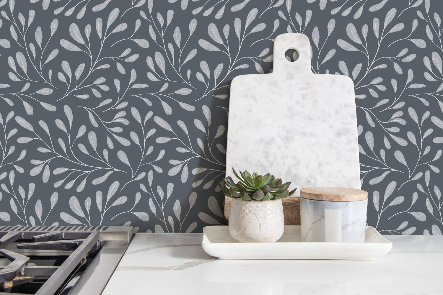 Gray Boho Leaf Wallpaper / Peel and Stick Wallpaper Removable Wallpaper Home Decor Wall Art Wall Decor Room Decor - C909