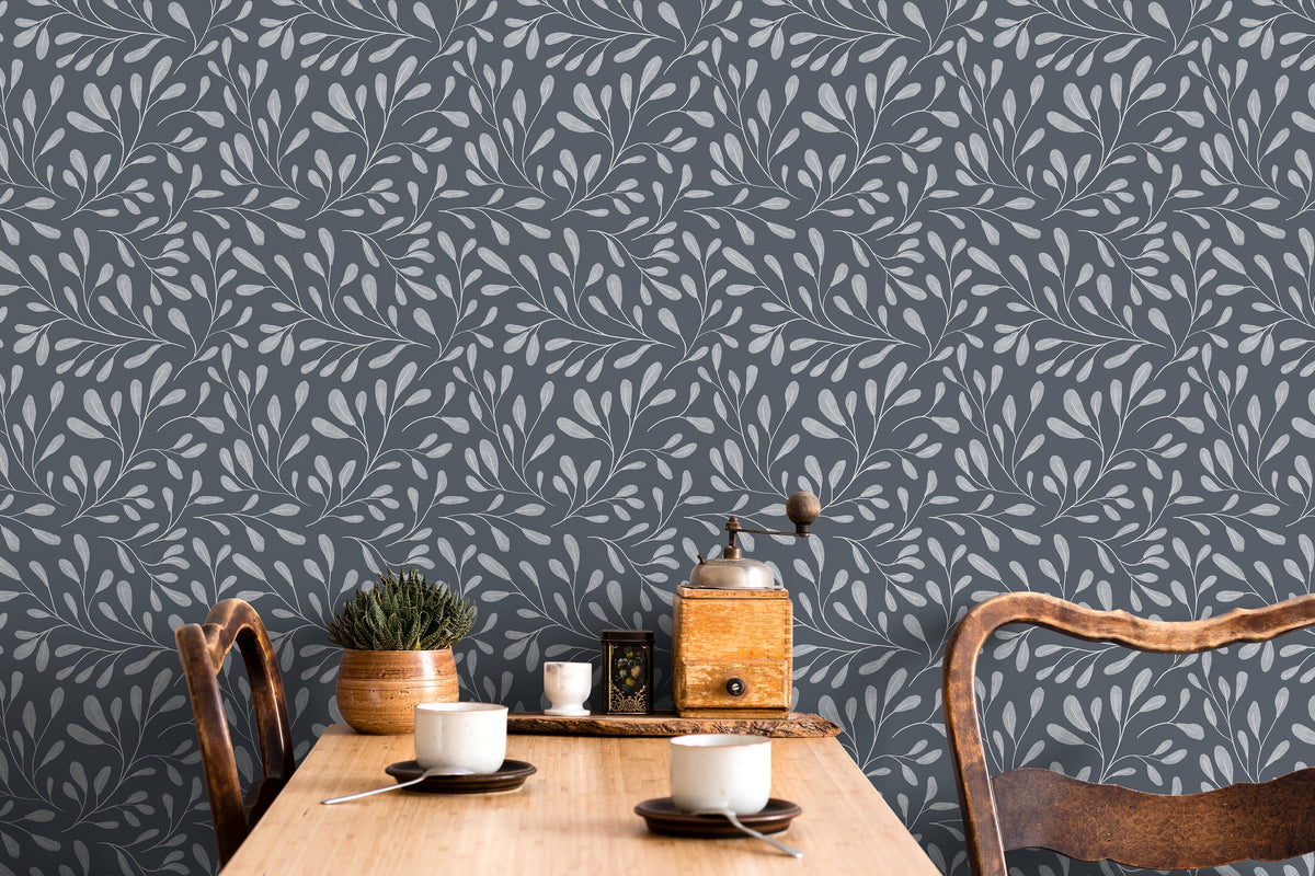 Gray Boho Leaf Wallpaper / Peel and Stick Wallpaper Removable Wallpaper Home Decor Wall Art Wall Decor Room Decor - C909