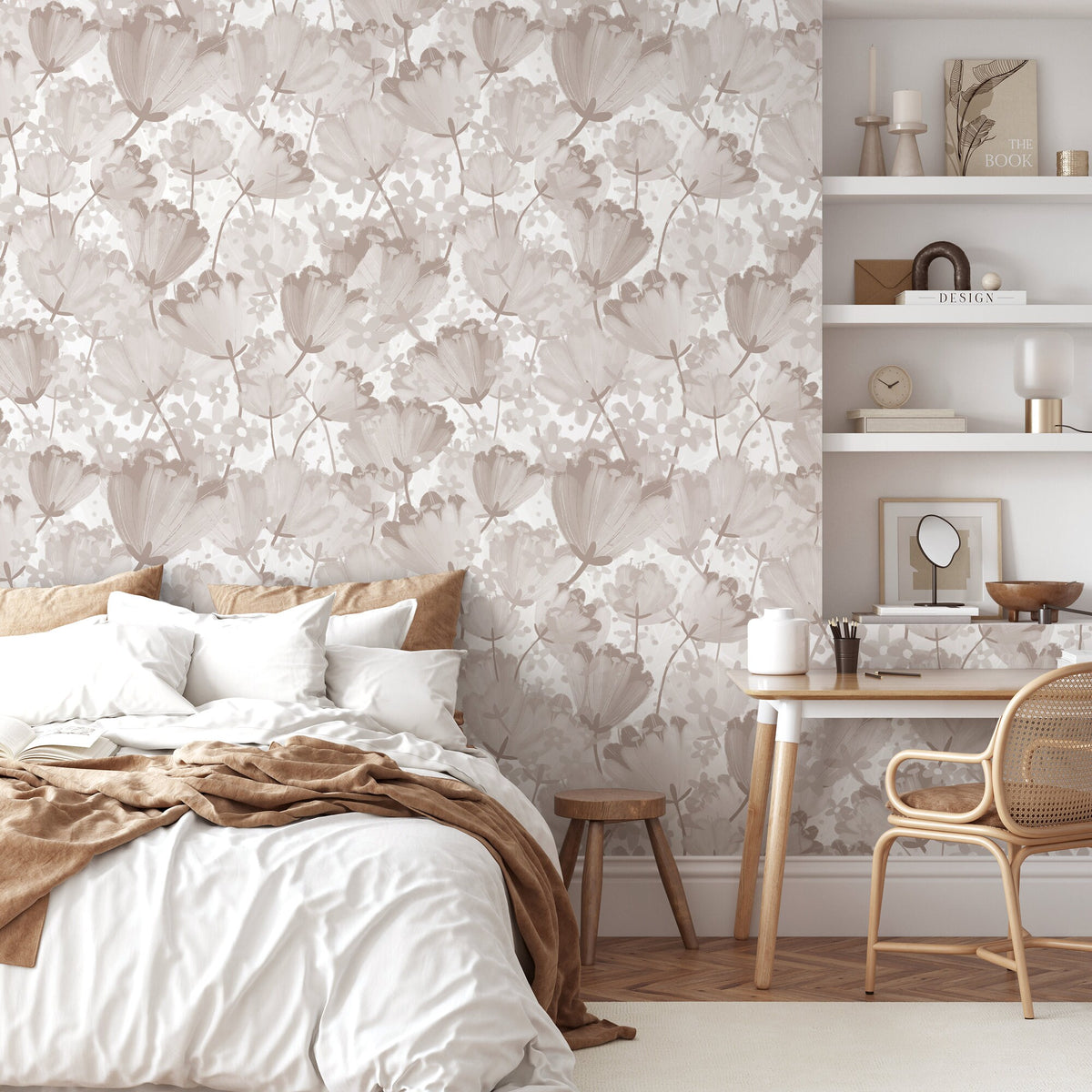 Beige Boho Floral Wallpaper / Peel and Stick Wallpaper Removable Wallpaper Home Decor Wall Art Wall Decor Room Decor - C913