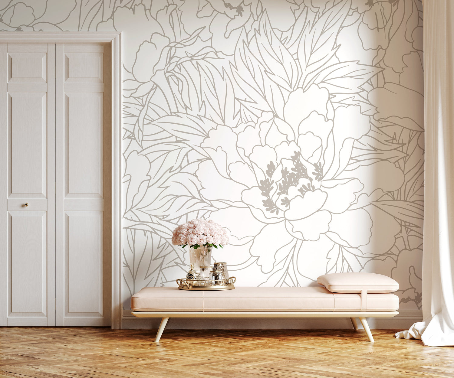 Neutral Large Floral Wallpaper / Peel and Stick Wallpaper Removable Wallpaper Home Decor Wall Art Wall Decor Room Decor - C920