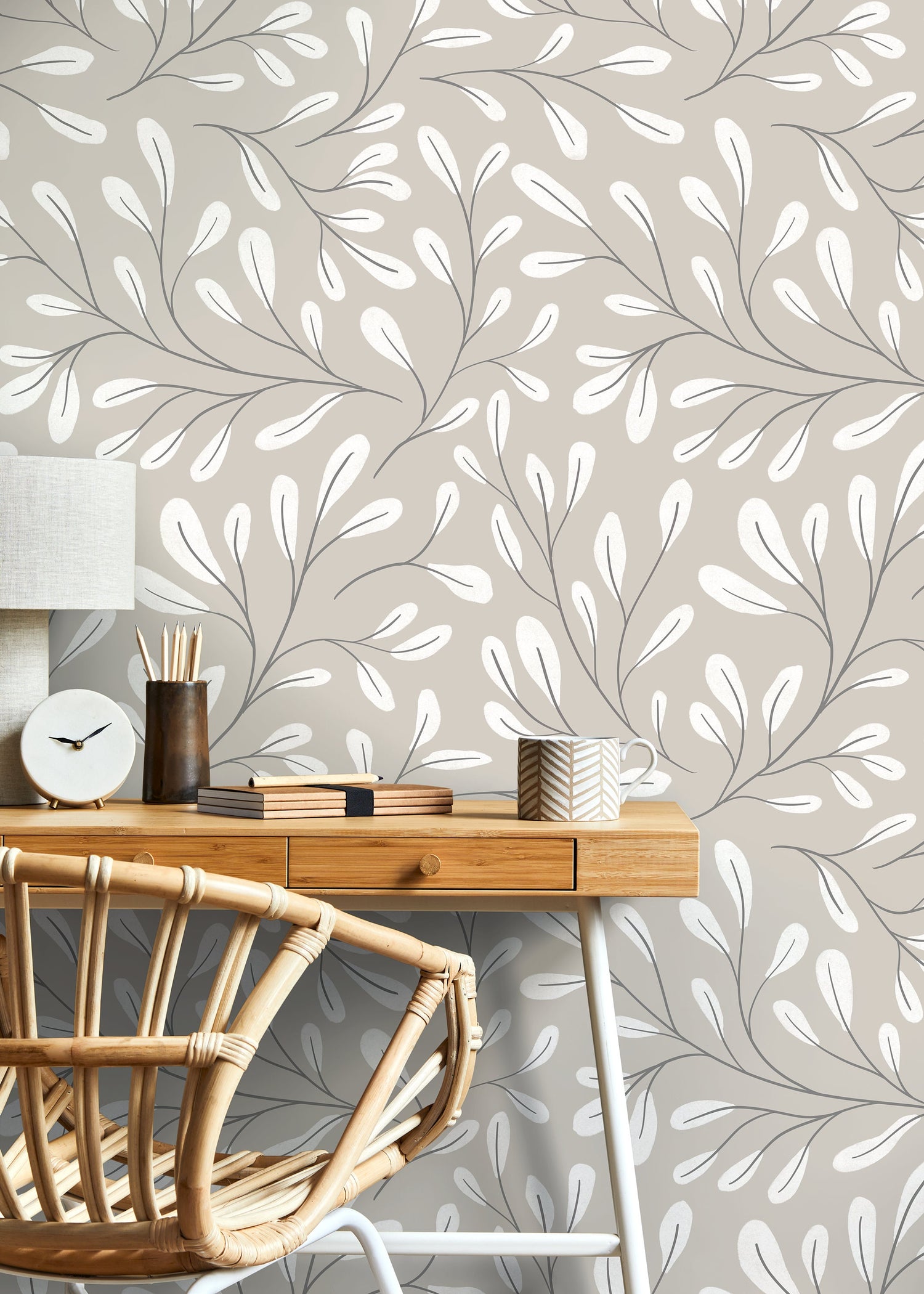 Neutral Boho Leaf Wallpaper / Peel and Stick Wallpaper Removable Wallpaper Home Decor Wall Art Wall Decor Room Decor - C910