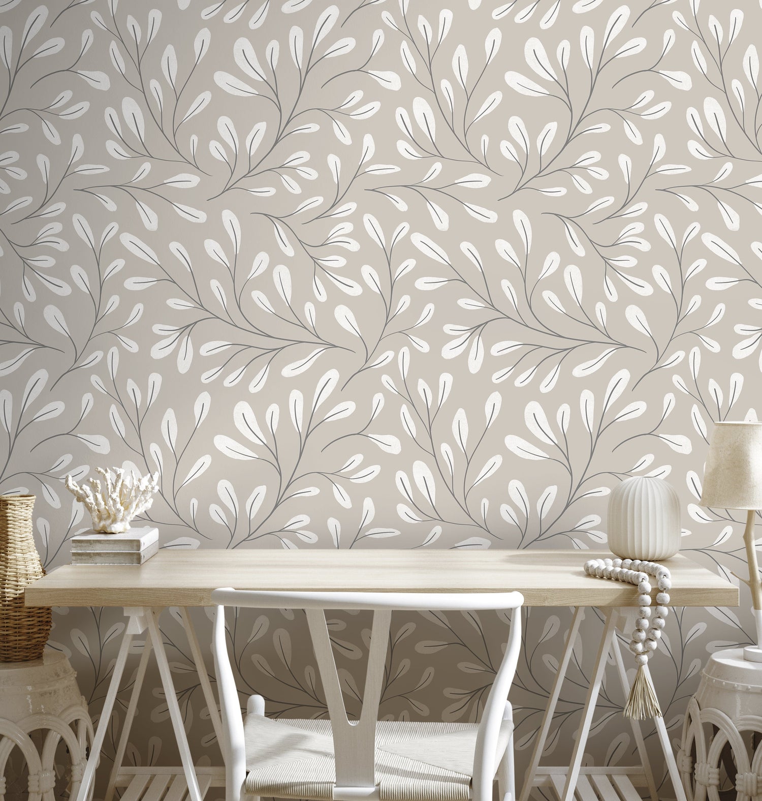 Neutral Boho Leaf Wallpaper / Peel and Stick Wallpaper Removable Wallpaper Home Decor Wall Art Wall Decor Room Decor - C910