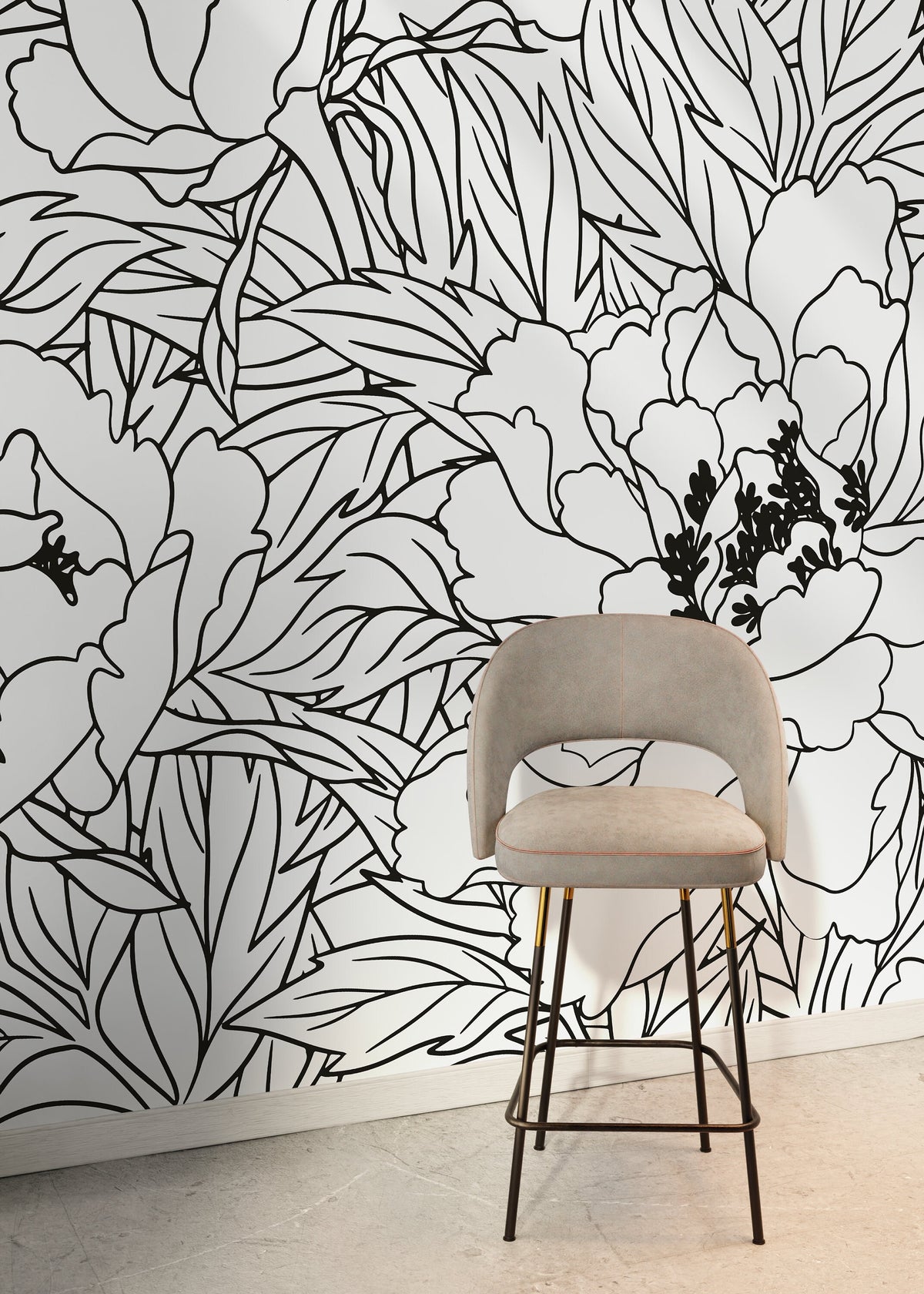 Black and White Large Floral Wallpaper / Peel and Stick Wallpaper Removable Wallpaper Home Decor Wall Art Wall Decor Room Decor - C919