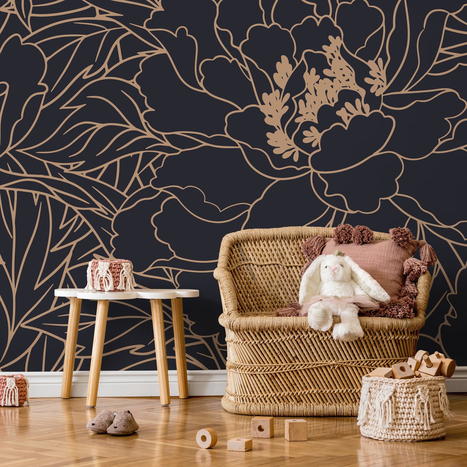 Dark Blue Large Floral Wallpaper / Peel and Stick Wallpaper Removable Wallpaper Home Decor Wall Art Wall Decor Room Decor - C932