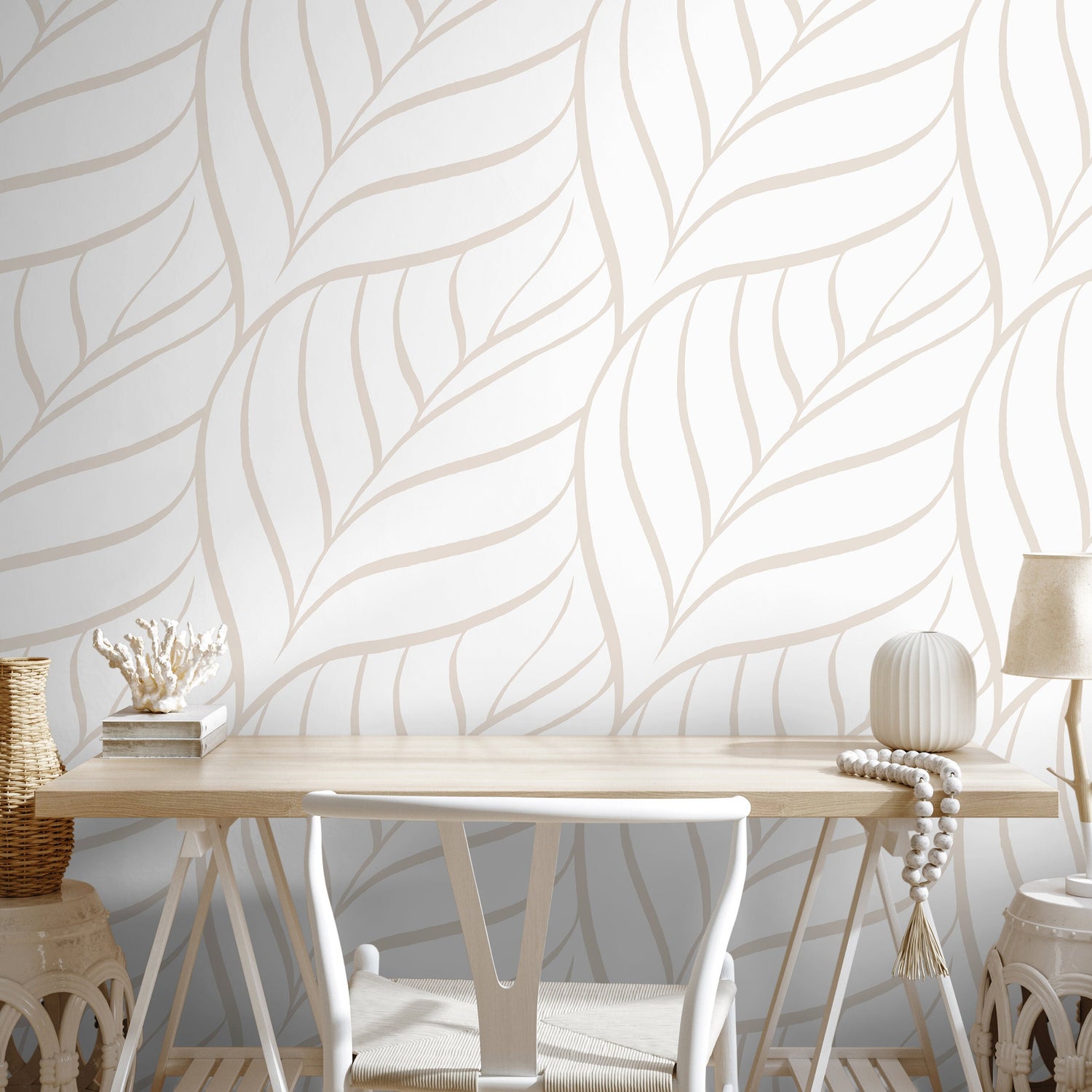 Beige Leaf Minimalist Wallpaper / Peel and Stick Wallpaper Removable Wallpaper Home Decor Wall Art Wall Decor Room Decor - C638