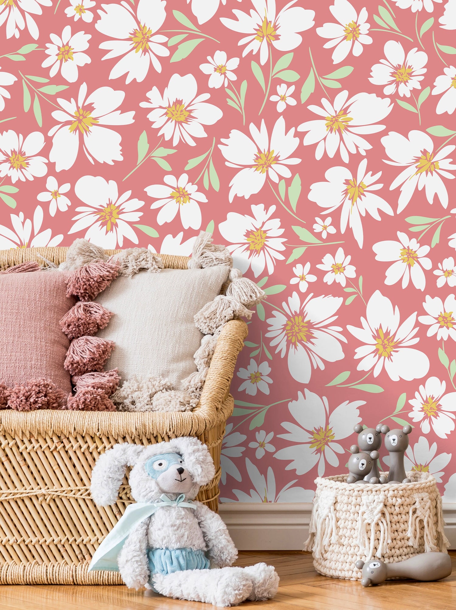 Pink Floral Daisies Wallpaper / Peel and Stick Wallpaper Removable Wallpaper Home Decor Wall Art Wall Decor Room Decor - C691