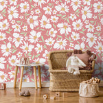 Pink Floral Daisies Wallpaper / Peel and Stick Wallpaper Removable Wallpaper Home Decor Wall Art Wall Decor Room Decor - C691