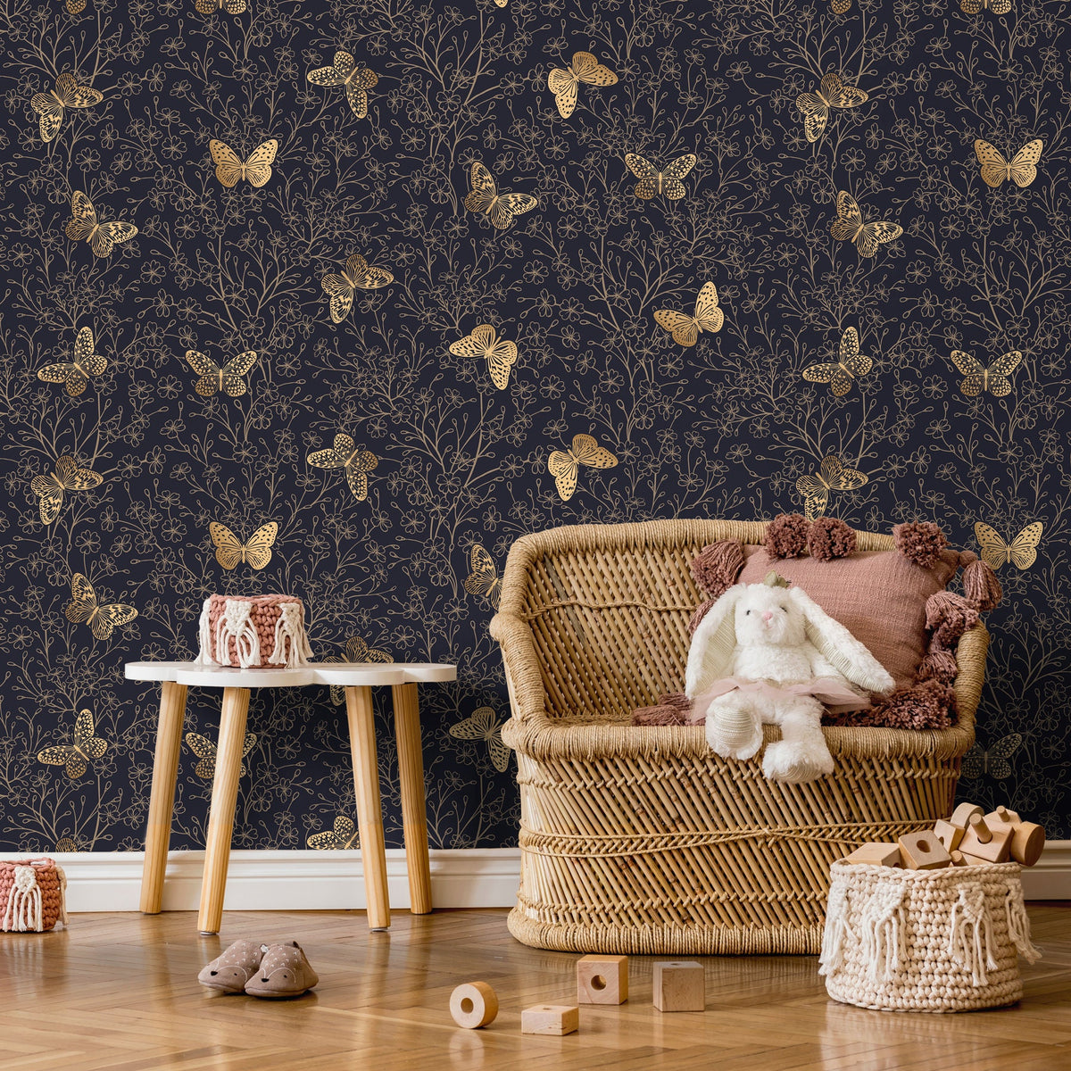 Gold and Navy Butterfly Floral / Peel and Stick Wallpaper Removable Wallpaper Home Decor Wall Art Wall Decor Room Decor - C702