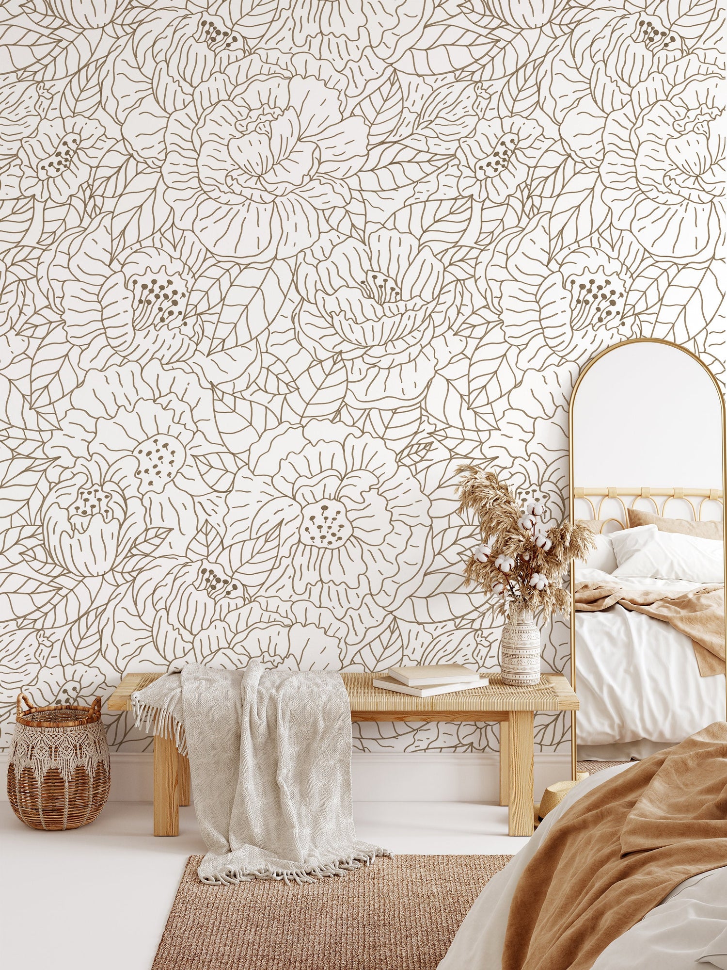 Floral Boho Hand Drawing Wallpaper / Peel and Stick Wallpaper Removable Wallpaper Home Decor Wall Art Wall Decor Room Decor - C944