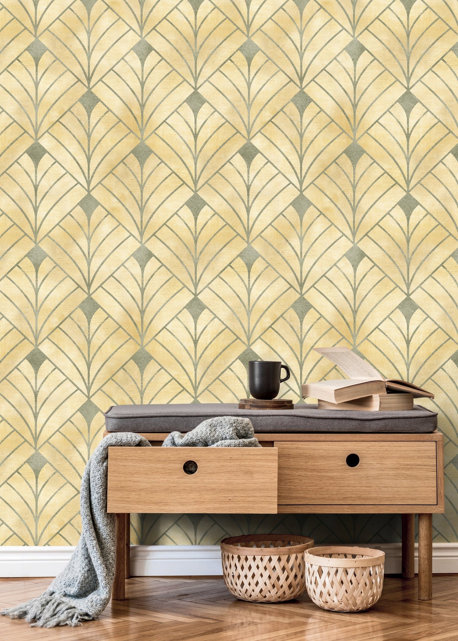 Gold Art Deco Wallpaper / Peel and Stick Wallpaper Removable Wallpaper Home Decor Wall Art Wall Decor Room Decor - C722