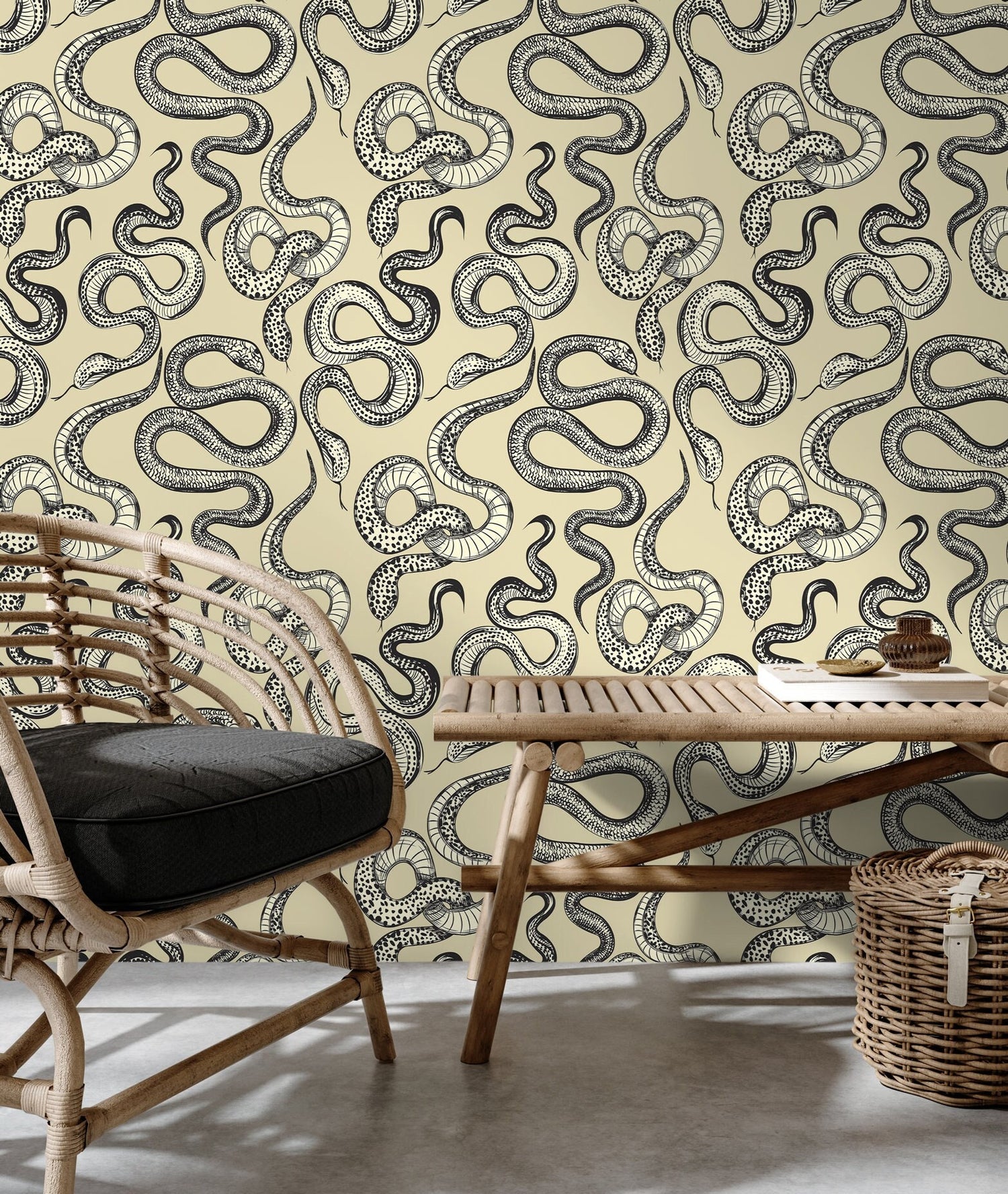 Yellow Snake Boho Wallpaper / Peel and Stick Wallpaper Removable Wallpaper Home Decor Wall Art Wall Decor Room Decor - C724