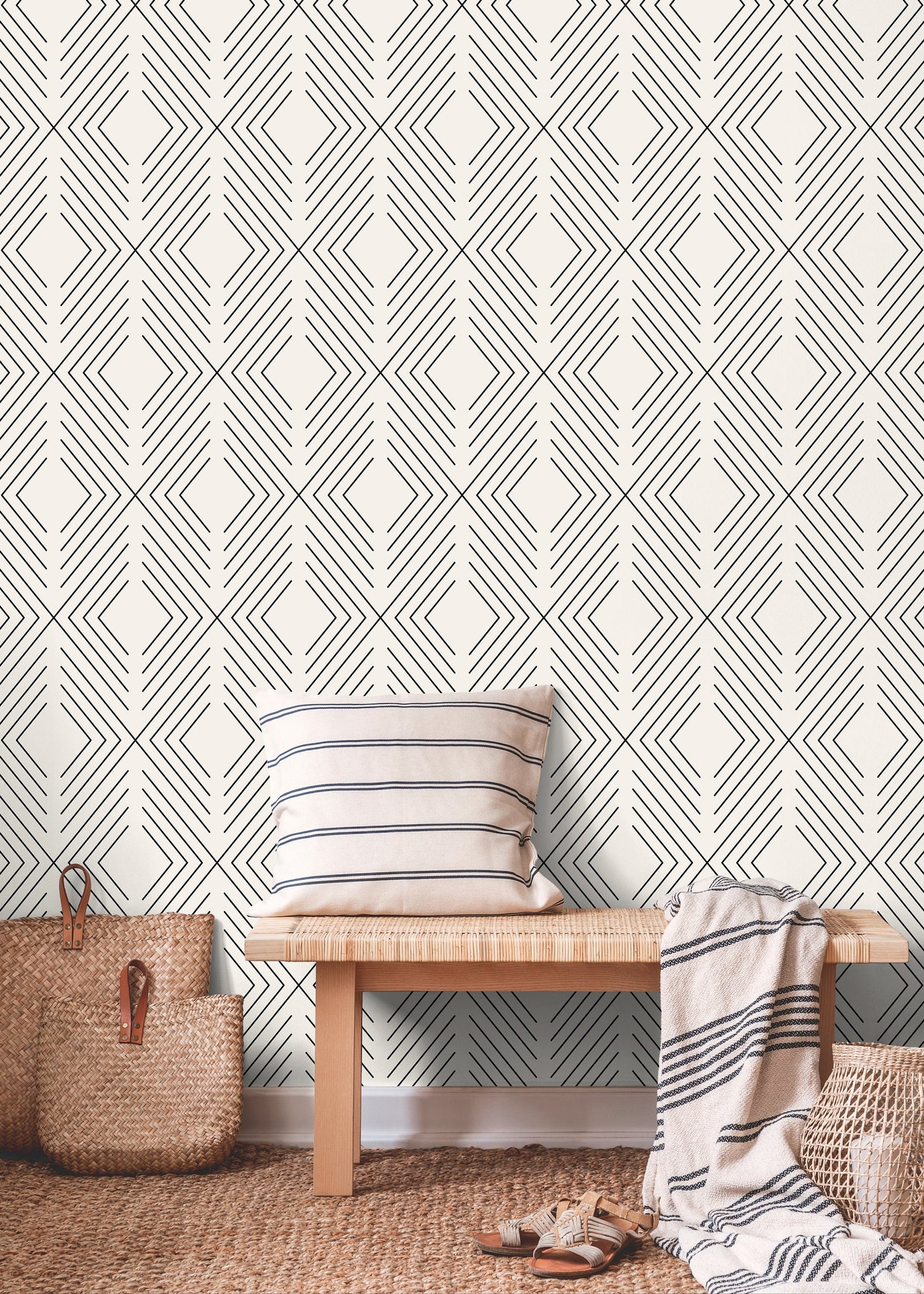 Black and Beige Geometric Wallpaper / Peel and Stick Wallpaper Removable Wallpaper Home Decor Wall Art Wall Decor Room Decor -C734