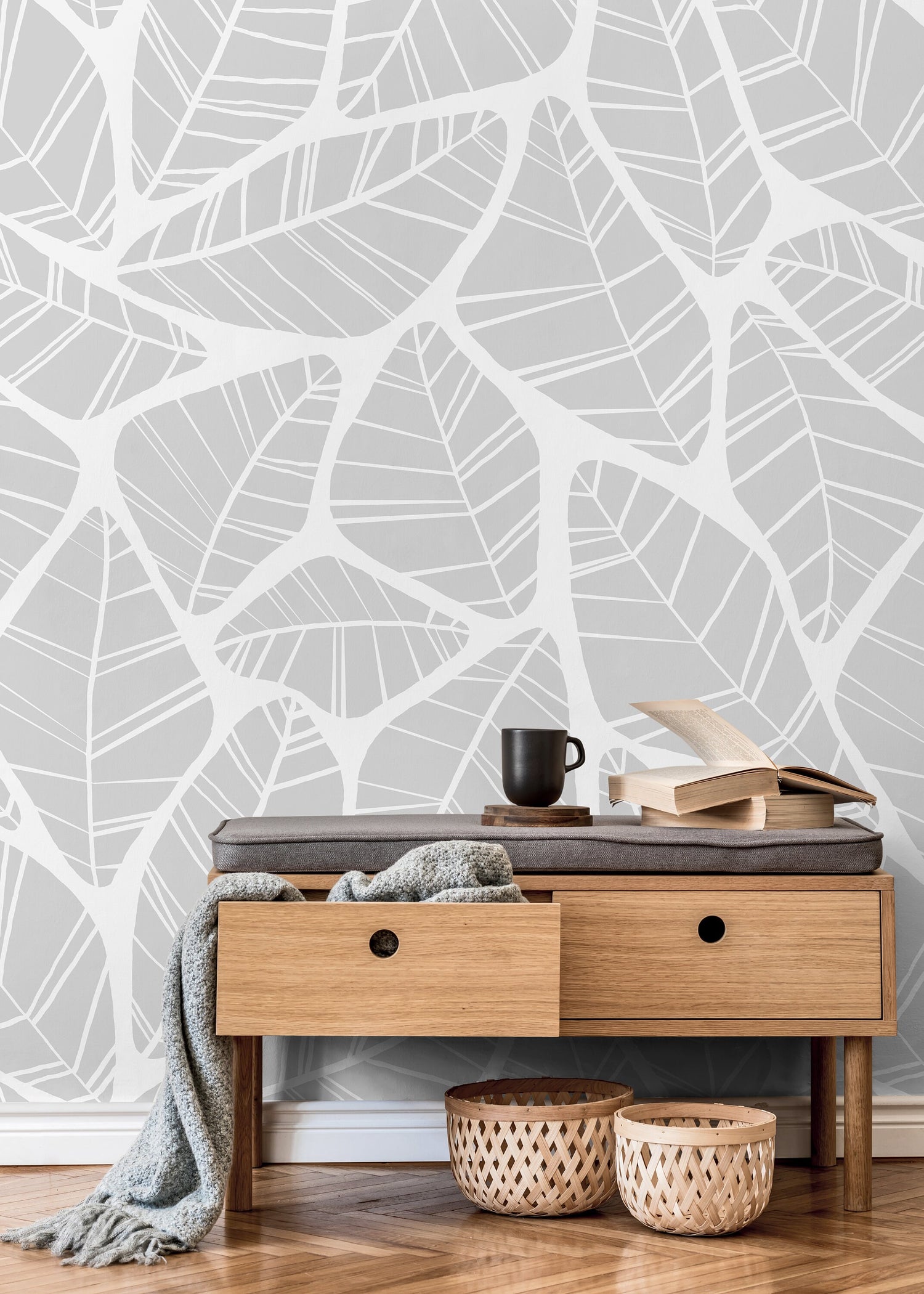 Gray Leaf Minimal Wallpaper / Peel and Stick Wallpaper Removable Wallpaper Home Decor Wall Art Wall Decor Room Decor - C679