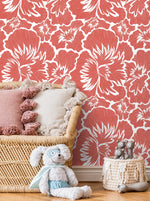 Coral Bold Floral Wallpaper / Peel and Stick Wallpaper Removable Wallpaper Home Decor Wall Art Wall Decor Room Decor - C678