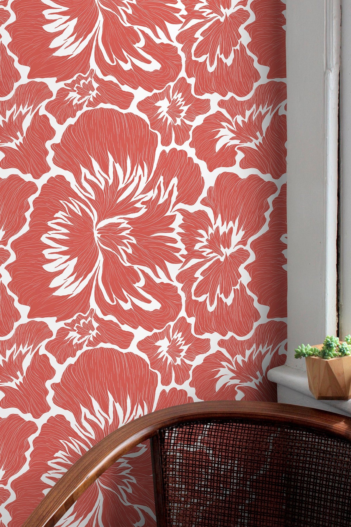 Coral Bold Floral Wallpaper / Peel and Stick Wallpaper Removable Wallpaper Home Decor Wall Art Wall Decor Room Decor - C678