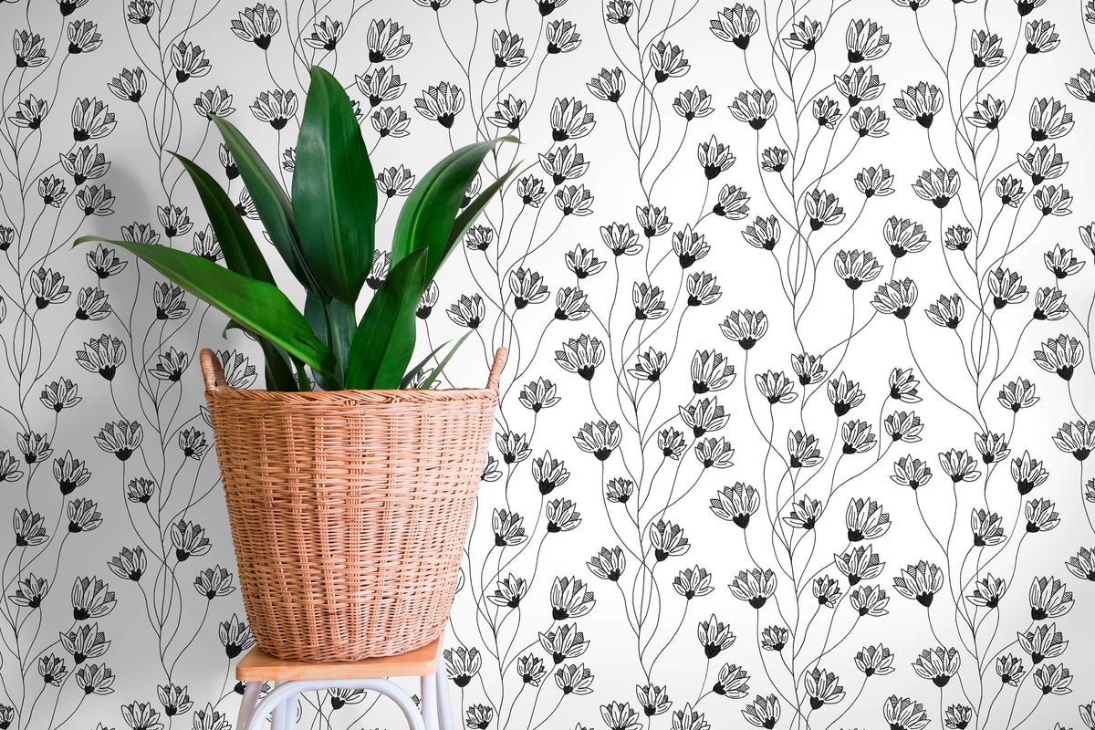 Black and White Wild Flowers Wallpaper / Peel and Stick Wallpaper Removable Wallpaper Home Decor Wall Art Wall Decor Room Decor - C839