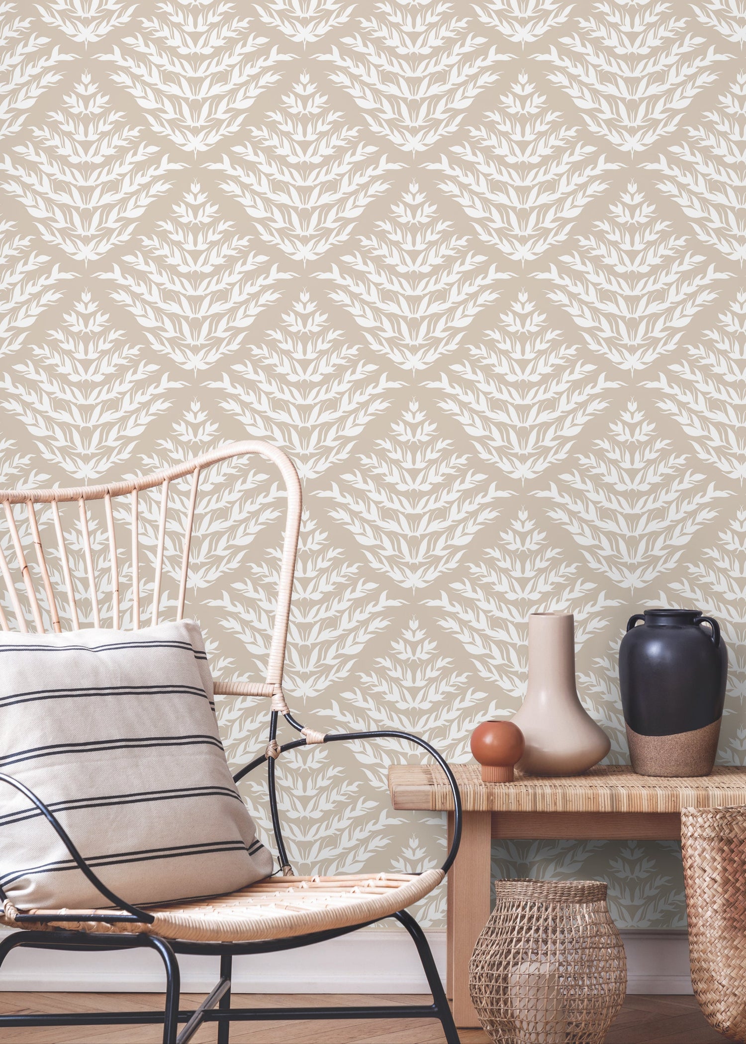 Neutral Boho Leaf Wallpaper / Peel and Stick Wallpaper Removable Wallpaper Home Decor Wall Art Wall Decor Room Decor - C854